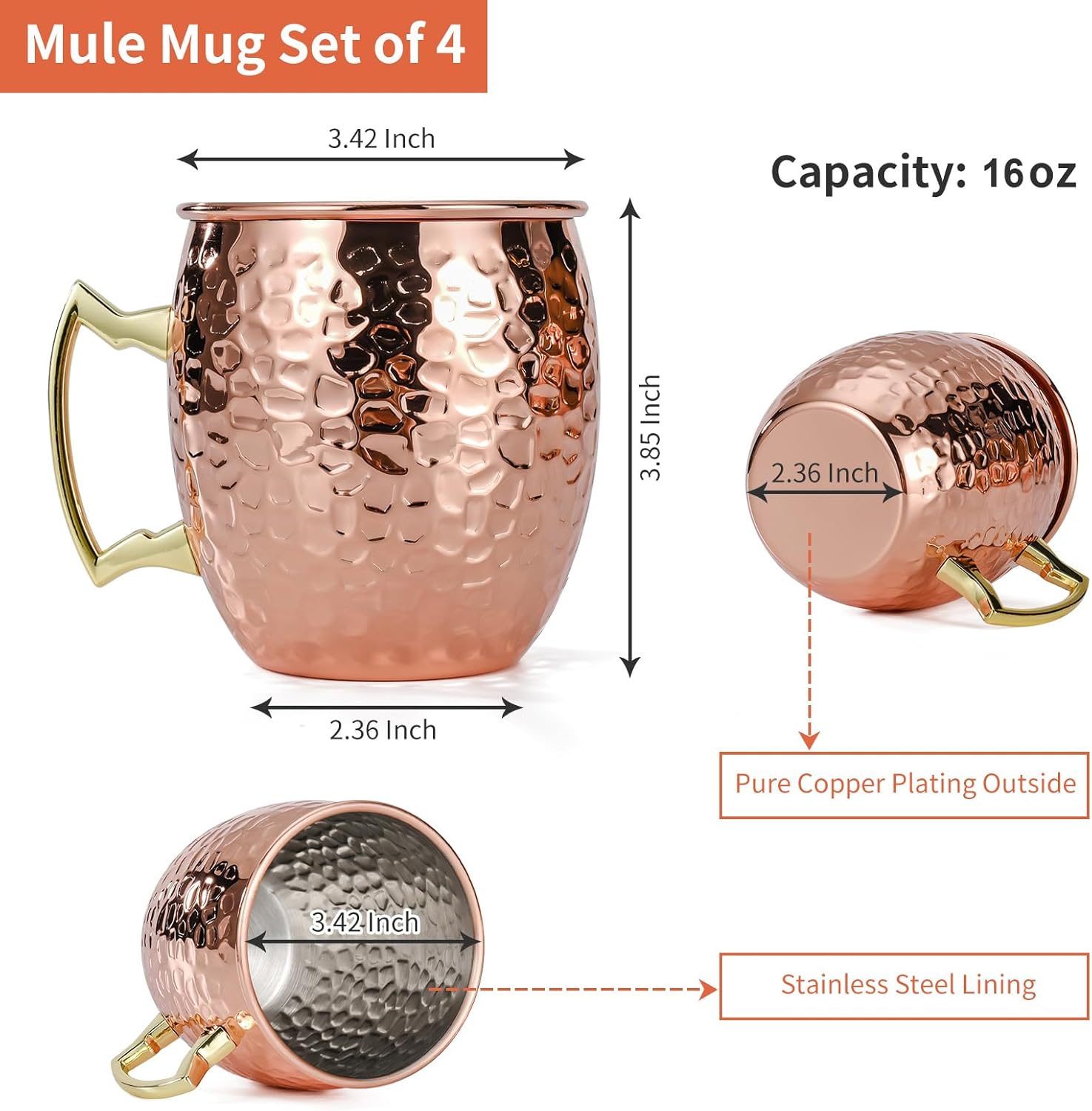 Moscow Mule Mugs Set of 4, 16 OZ Hammered Copper Cups with 304 Stainless Steel Lining and Gold Brass Handles, for Cold Drinks, Beer, Wine, Bars, Parties - Image 3
