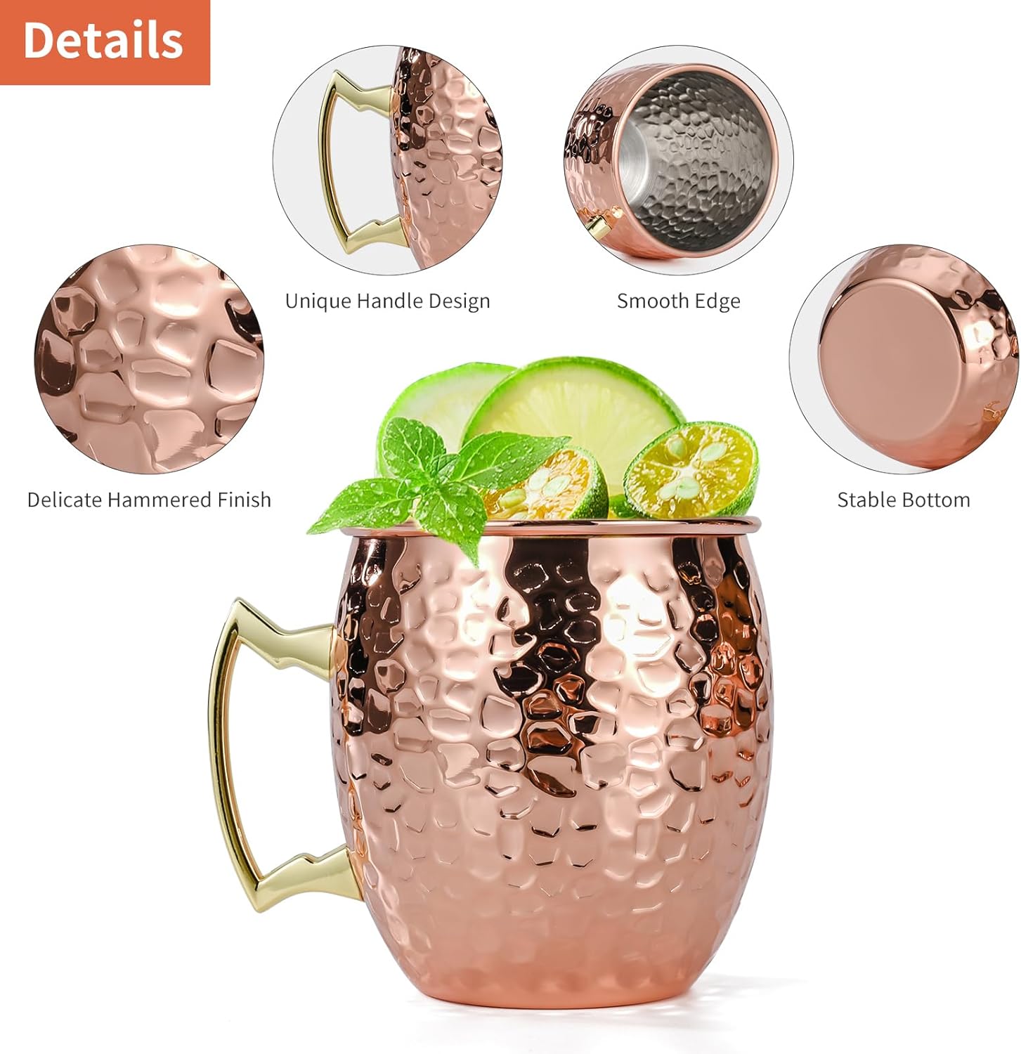Moscow Mule Mugs Set of 4, 16 OZ Hammered Copper Cups with 304 Stainless Steel Lining and Gold Brass Handles, for Cold Drinks, Beer, Wine, Bars, Parties - Image 4
