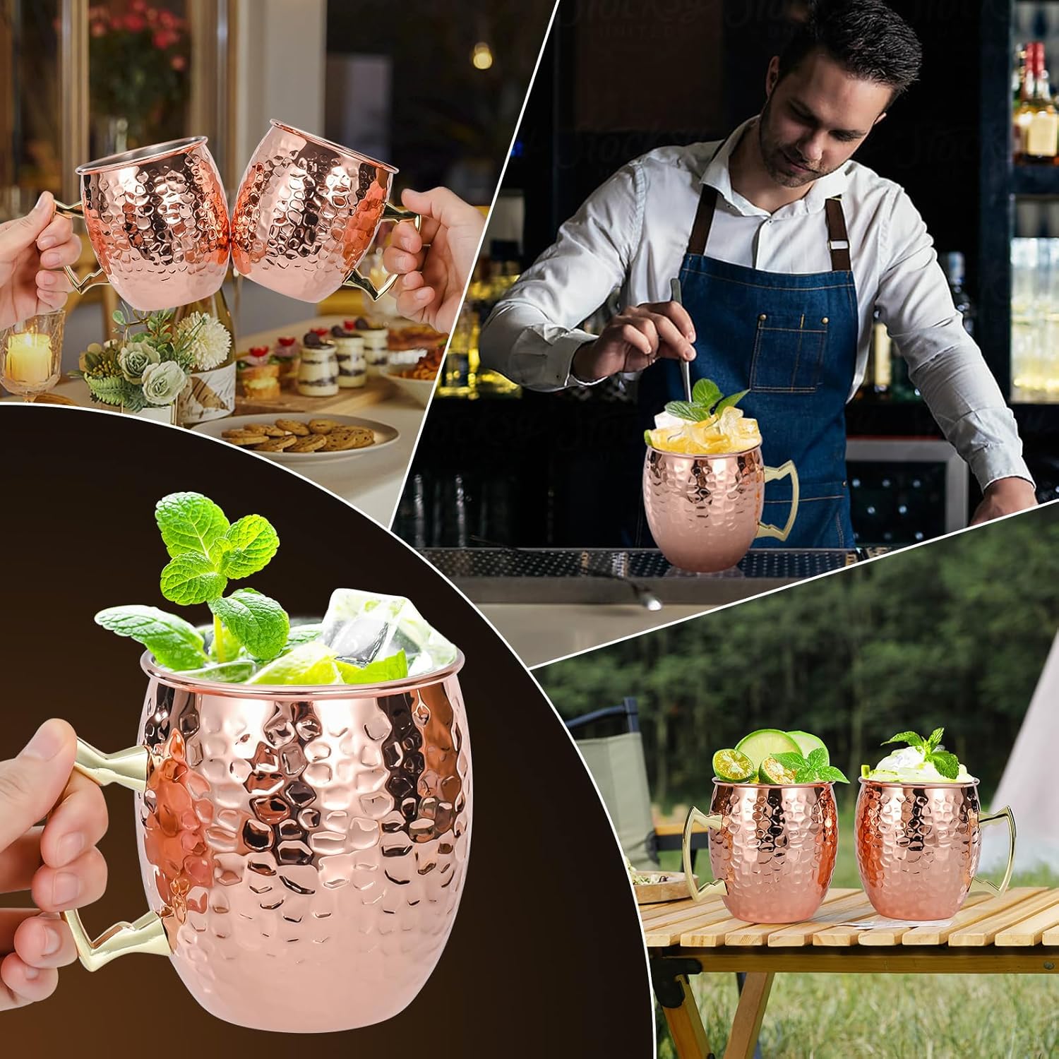 Moscow Mule Mugs Set of 4, 16 OZ Hammered Copper Cups with 304 Stainless Steel Lining and Gold Brass Handles, for Cold Drinks, Beer, Wine, Bars, Parties - Image 6