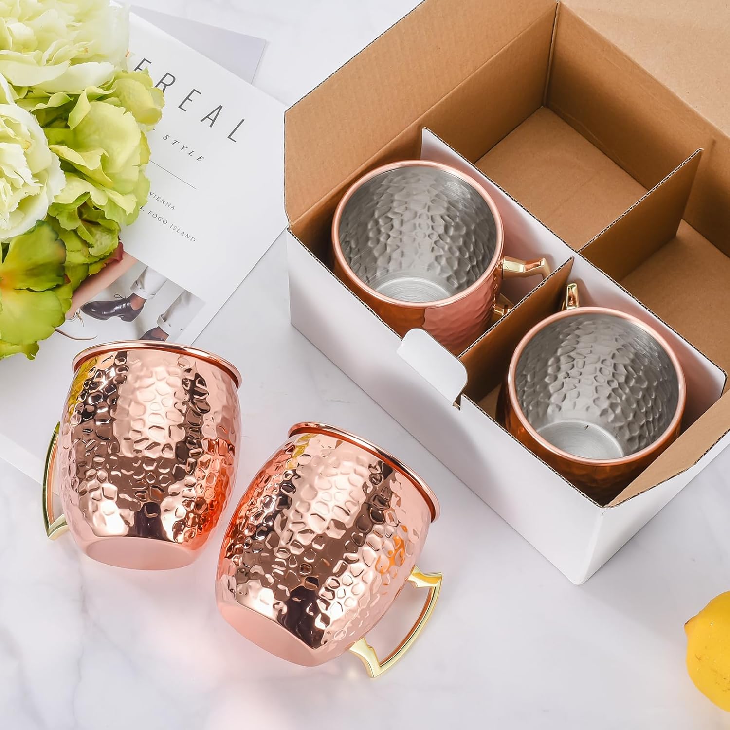 Moscow Mule Mugs Set of 4, 16 OZ Hammered Copper Cups with 304 Stainless Steel Lining and Gold Brass Handles, for Cold Drinks, Beer, Wine, Bars, Parties - Image 7