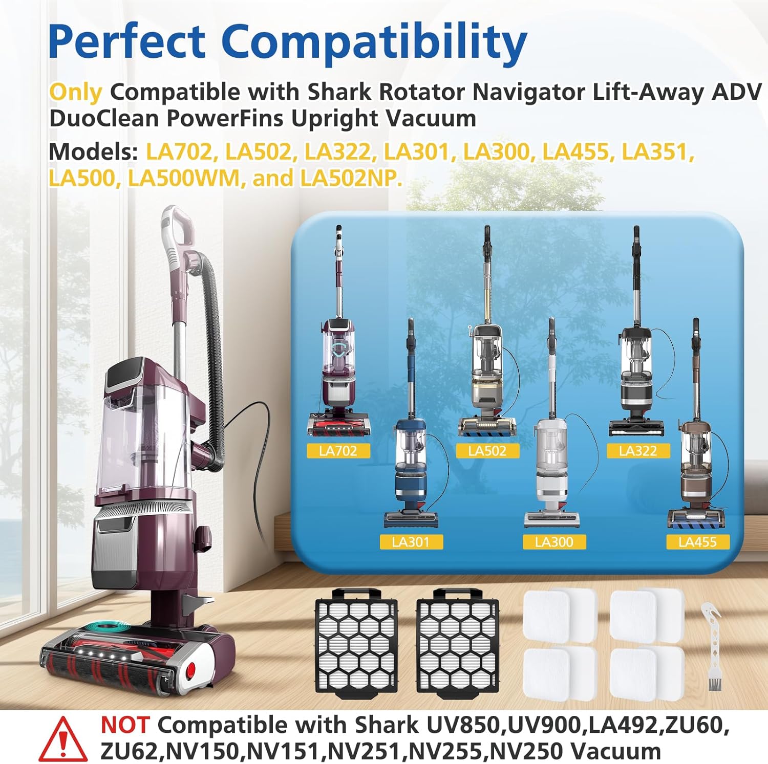 LA502, LA322, LA702 Filters Compatible with Shark Rotator Navigator Lift-Away ADV DuoClean PowerFins Upright Vacuum Model LA502, LA322, LA301, LA300, LA455, LA702, LA360, 2 HEPA+4 Foam+4 Felt Filters - Image 2