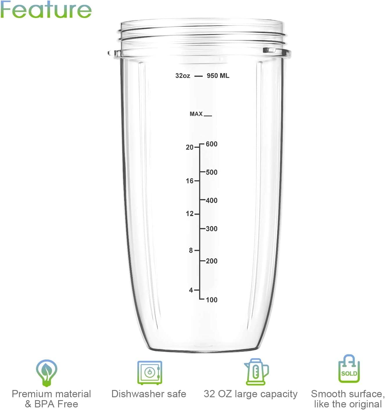 7 Pieces nutribullet Blender Cups & Blade Replacement Set 32oz Huge Cup with 1 Flip-Top To-Go Lid and 1 Lid Ring & Premium Extractor Blade with Compatible with NutriBullet 600w/900w Blender - Image 3