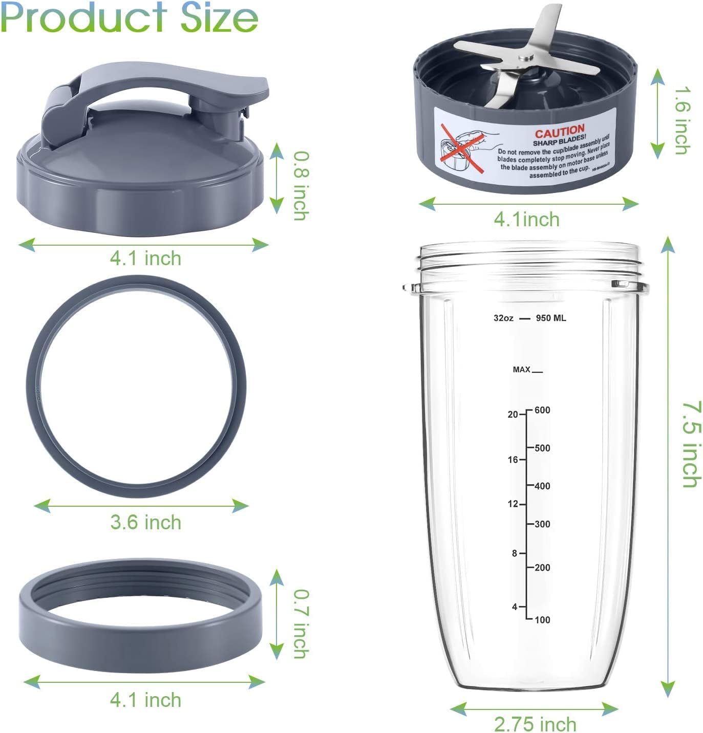 7 Pieces nutribullet Blender Cups & Blade Replacement Set 32oz Huge Cup with 1 Flip-Top To-Go Lid and 1 Lid Ring & Premium Extractor Blade with Compatible with NutriBullet 600w/900w Blender - Image 6
