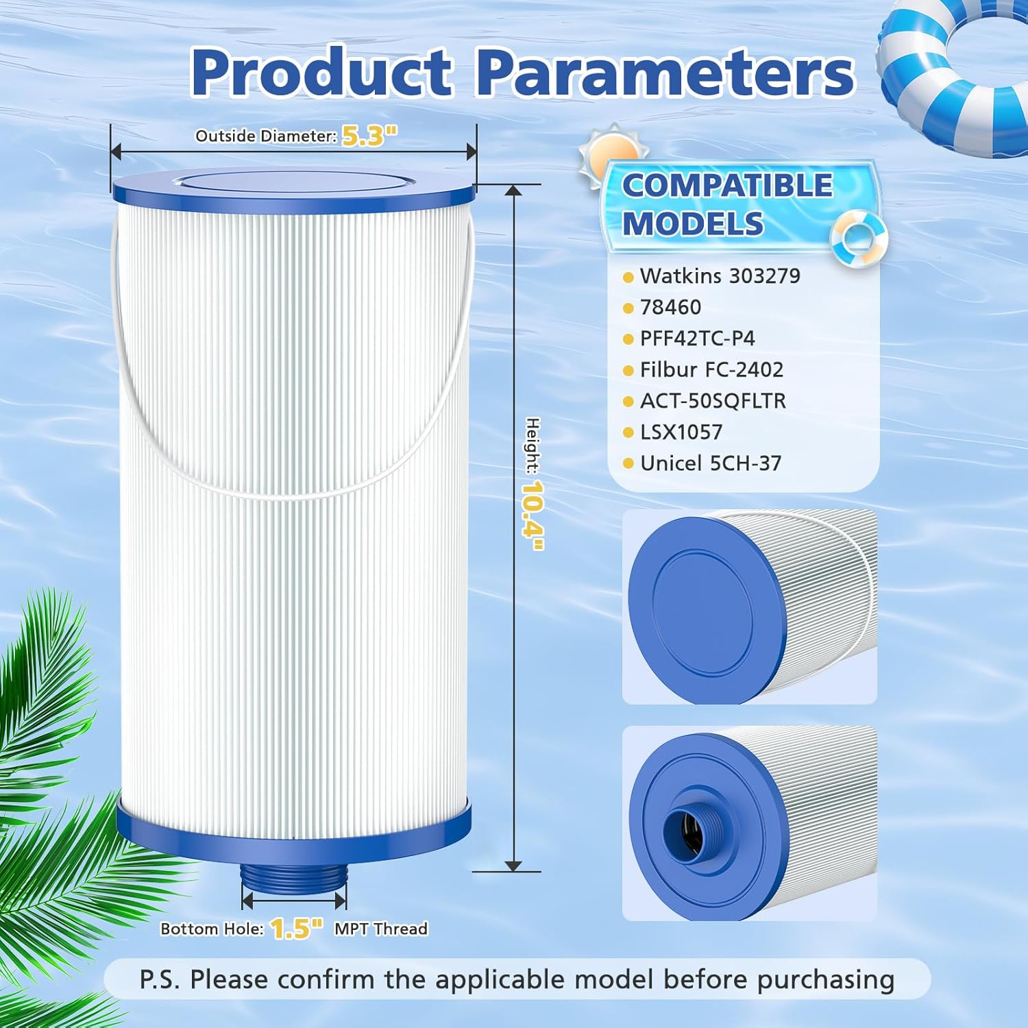 303279 Lifesmart Hot Tub Filter: Compatible with AquaTerra Spa Filter Replaces, Filbur FC-2402, 5CH-37, PFF42TC-P4, 78460, Freeflow, Bermuda, Aspire, Azure - 1.5