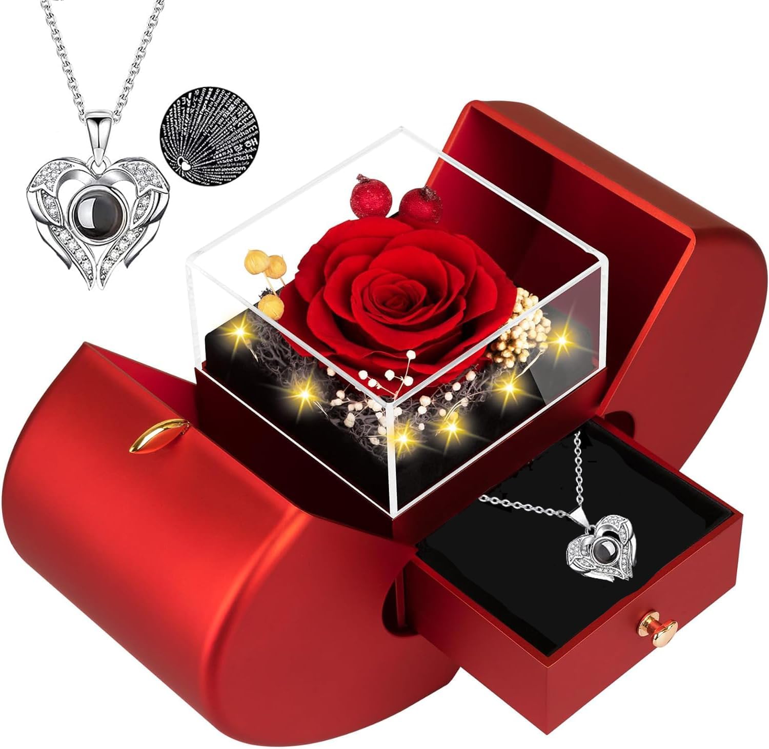 Preserved Rose Gift Box with LED Lights, Red Floral Arrangement, Romantic Jewelry Display Case for Valentine's Day, Anniversary, Birthday (Red) - Image 1