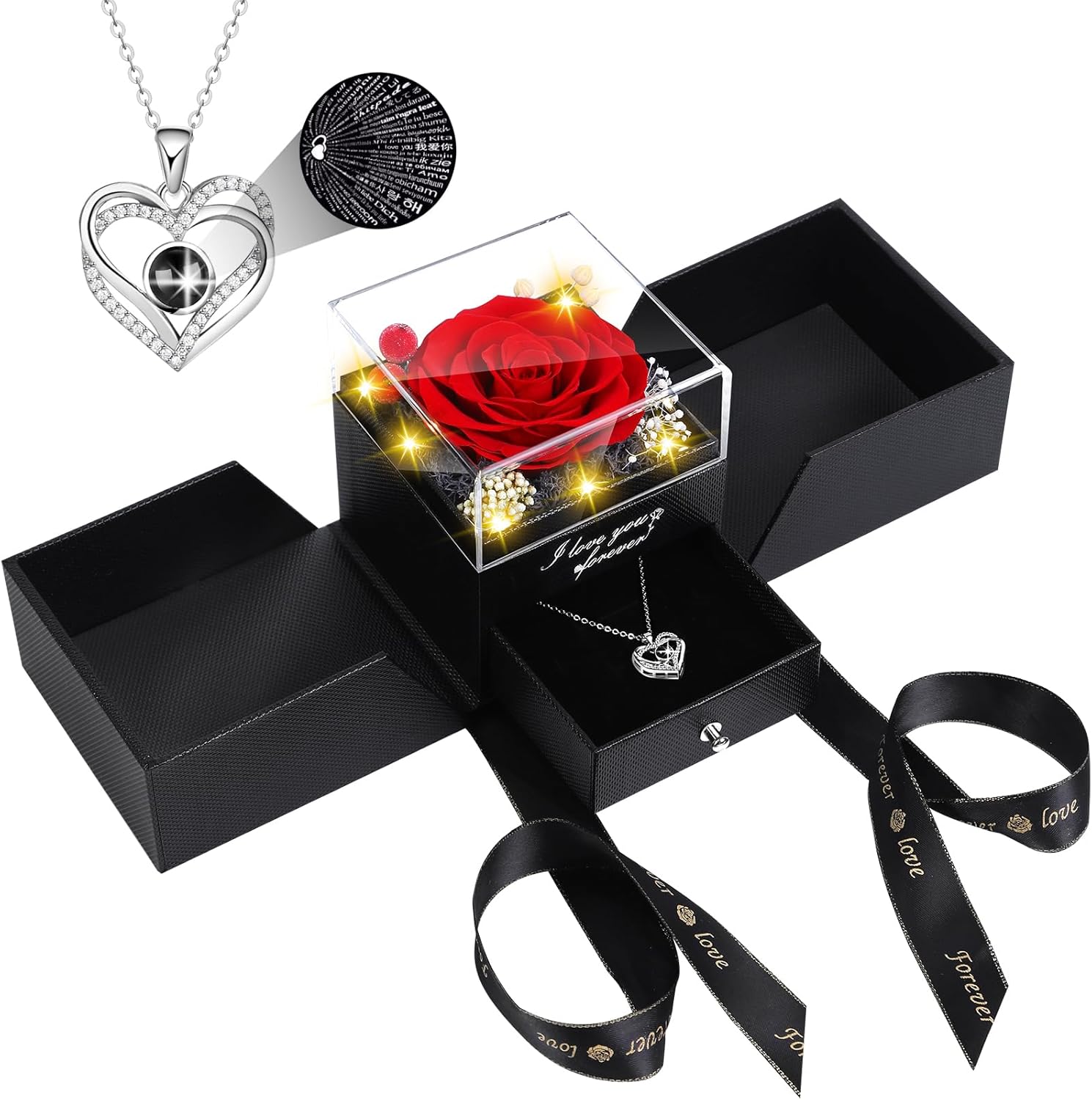 Preserved Red Real Rose Flowers in Box with I Love You in 100 Languages Necklace - Unique Gift for Women Mom Wife Girlfriend  Mother's Day Valentine's Day, Birthday, Christmas - Image 1