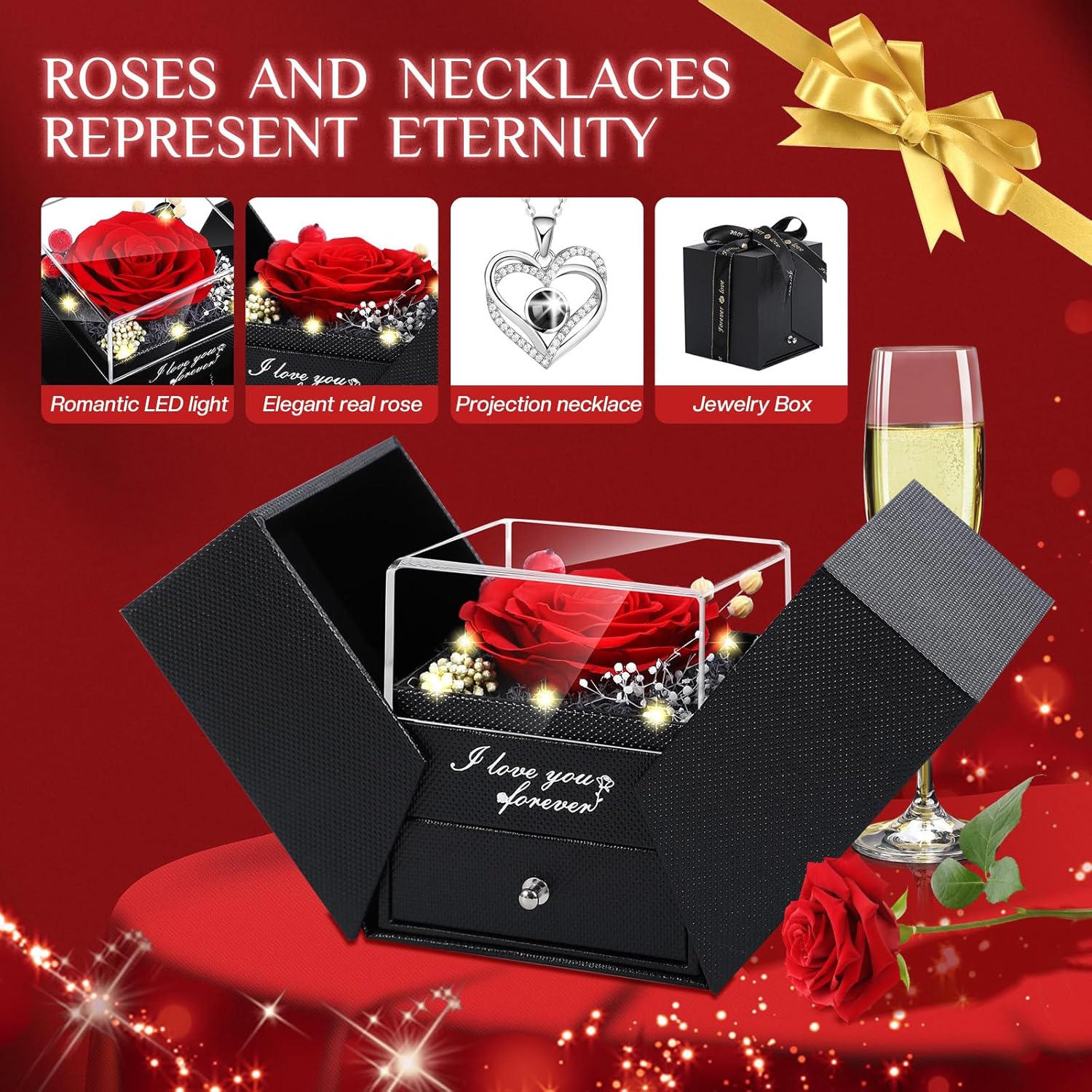 Preserved Red Real Rose Flowers in Box with I Love You in 100 Languages Necklace - Unique Gift for Women Mom Wife Girlfriend  Mother's Day Valentine's Day, Birthday, Christmas - Image 2