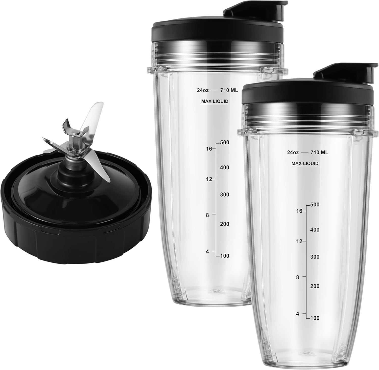 Blender Replacement Parts for Ninja, 24oz Ninja Blender Cups with To-Go Lids, 7 Fins Extractor Blade, Compatible with Nutri Ninja Auto iQ Blenders BL2012 BN801 BL480-30 BL640-30 BL642-30 NN100-30 - Image 1