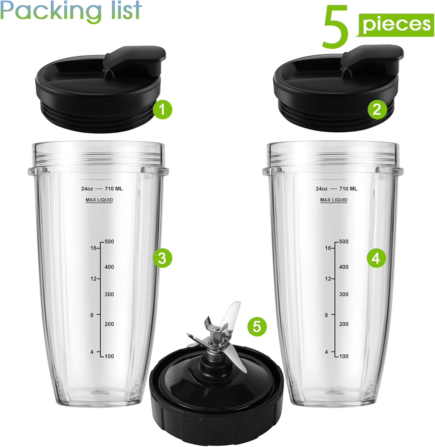 Blender Replacement Parts for Ninja, 24oz Ninja Blender Cups with To-Go Lids, 7 Fins Extractor Blade, Compatible with Nutri Ninja Auto iQ Blenders BL2012 BN801 BL480-30 BL640-30 BL642-30 NN100-30 - Image 3