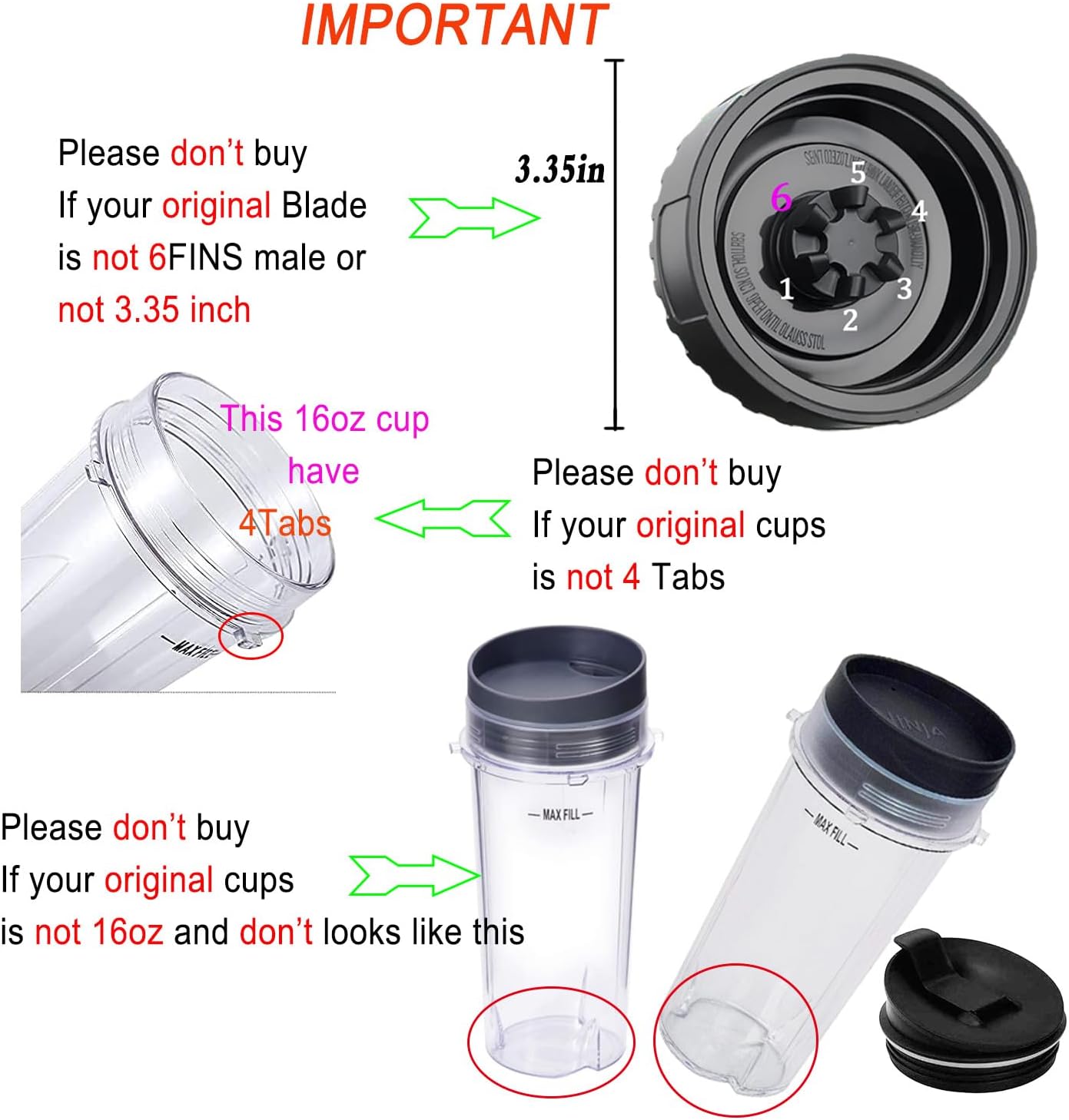 Replacement Parts for Nutri Ninja, 6Fin Blender Male Blade and cups Set for Blender BL660 BL770 BL780 BL740 etc. (5-pack) - Image 4