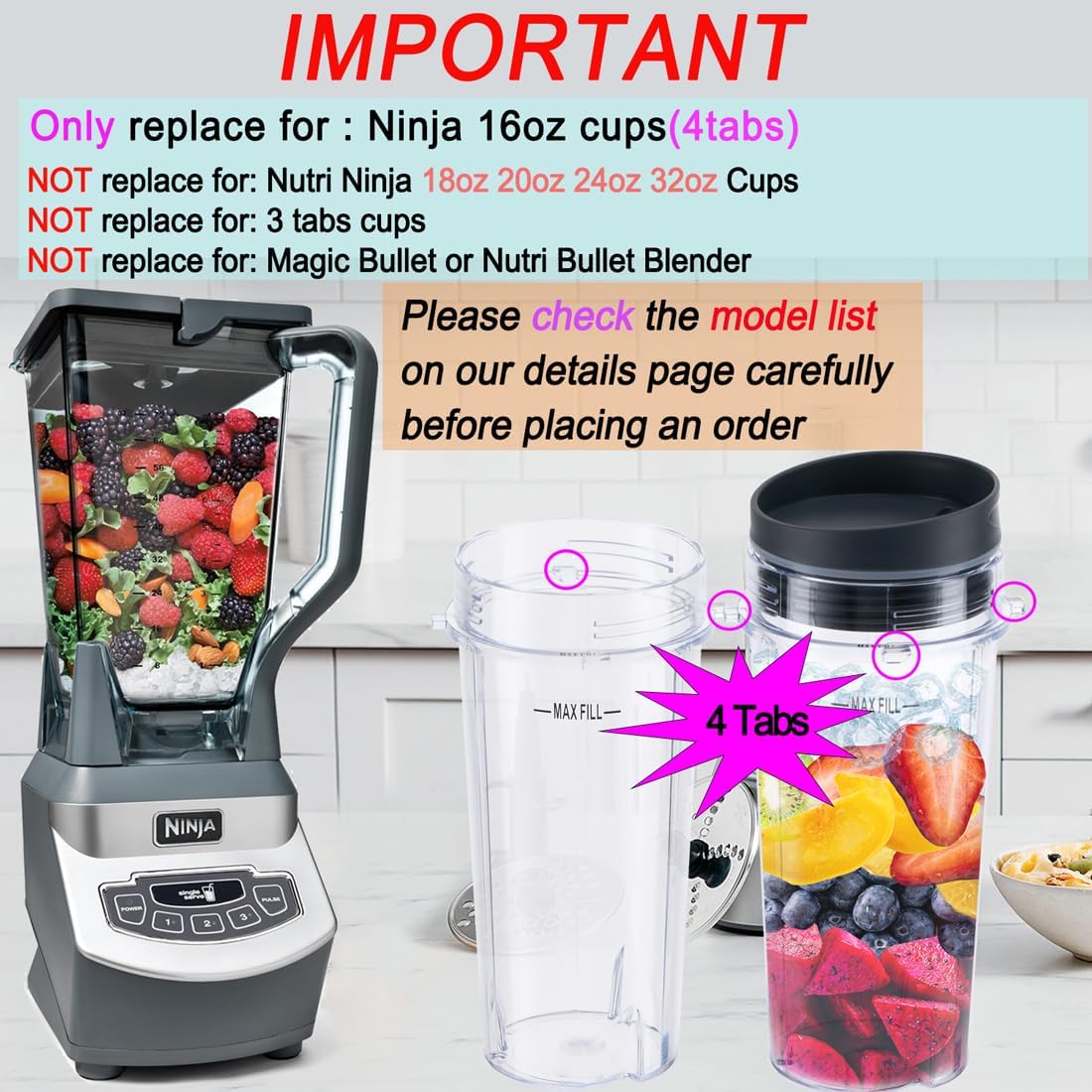 Replacement16oz Blender Cup for Ninja,Single Serve Blender Cup With Lids Set For BL770 BL780 BL660 BL740 BL810 Nutri Ninja Series Blenders (2-pack) - Image 2