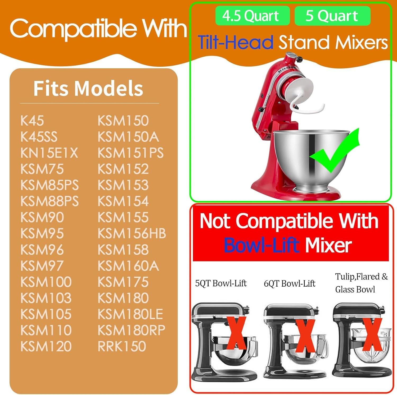K45DH Coated Dough Hook for KitchenAid Mixer, Attachment for Kitchen Aid K45 K45SS KSM90 KSM150 Tilt-Head Stand Mixers, 4.5/5.0 Quart Bowel - Image 2