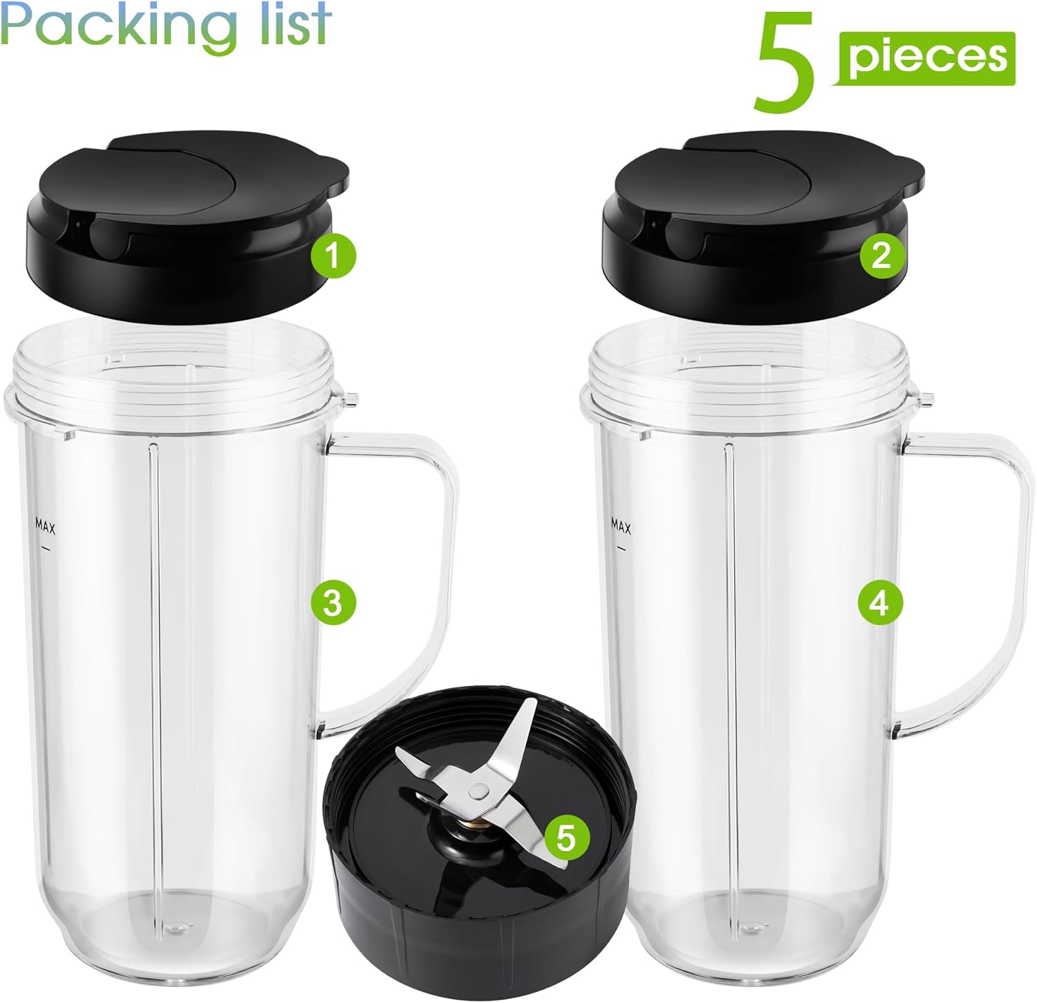 5-piece Magic Bullet Blender Cups, Tall 22oz Cup with Flip-Top To-Go Lid, Cross Blade, Blender Replacement Parts, Mug with Handle Compatible with Magic Bullet 250w MB1001 - Image 2