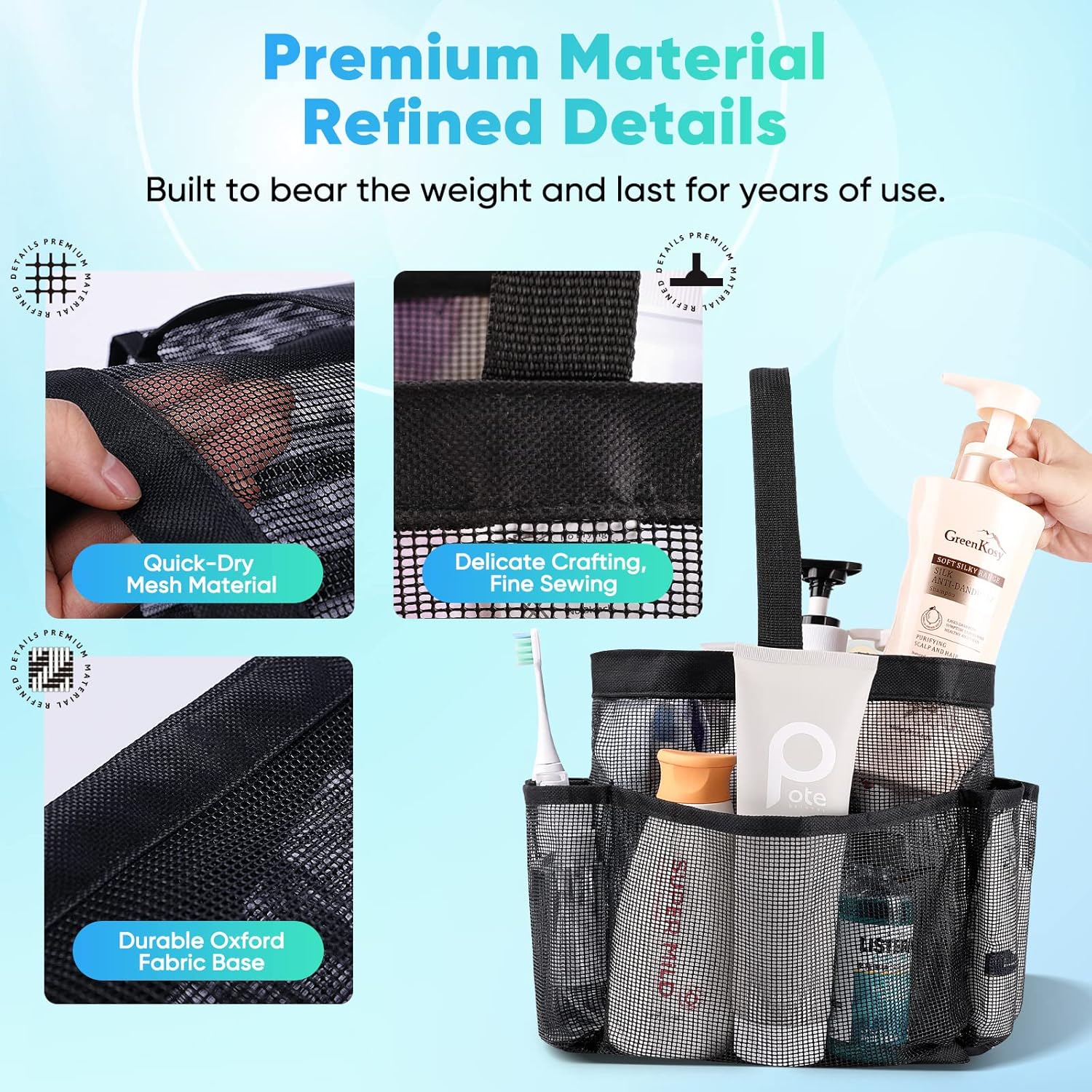 2 Pack Mesh Shower Caddy Portable for College Dorm Room Essentials, Shower Caddy Dorm with 8-Pocket Large Capacity,Shower Bag for Beach,Swimming,Gym - Image 3
