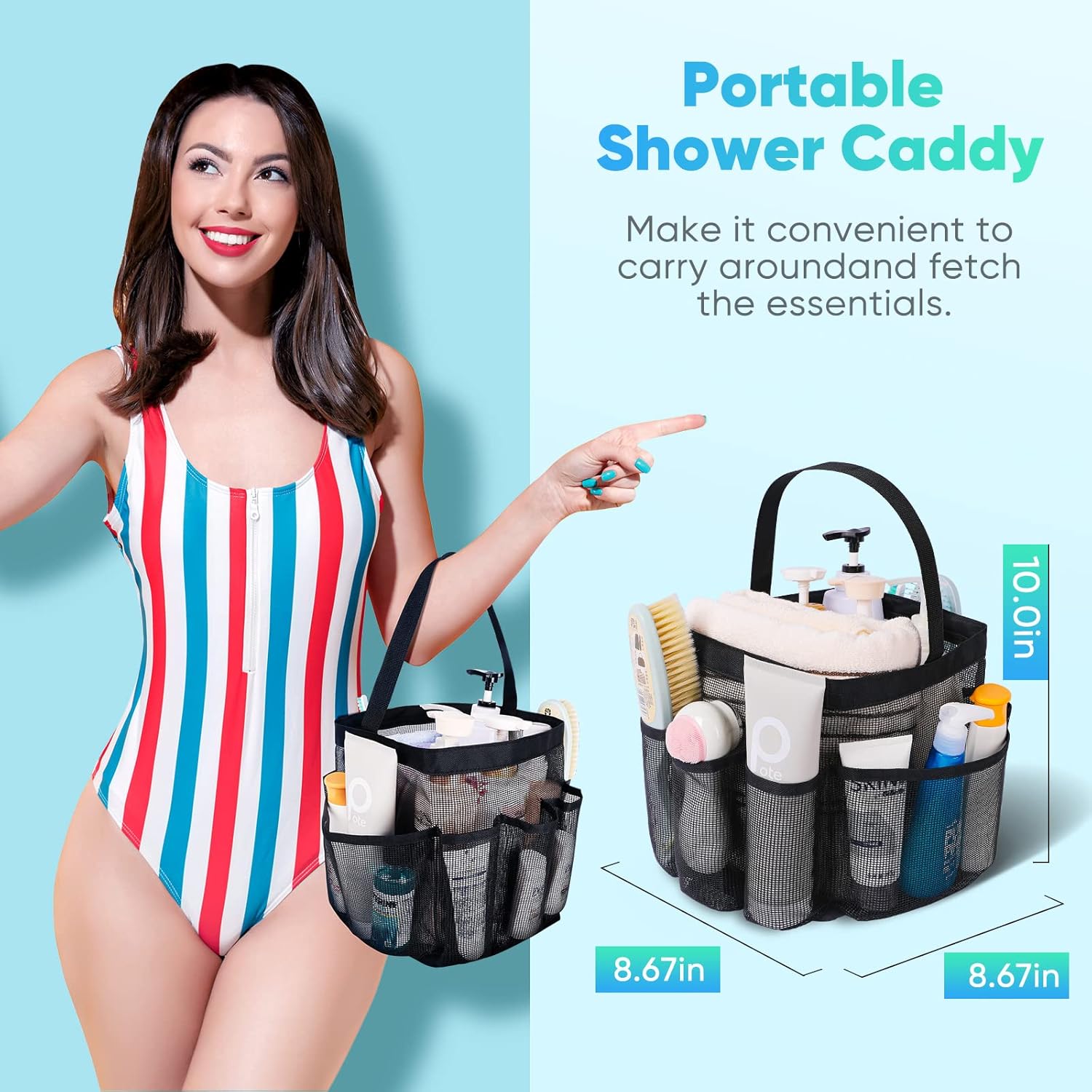 2 Pack Mesh Shower Caddy Portable for College Dorm Room Essentials, Shower Caddy Dorm with 8-Pocket Large Capacity,Shower Bag for Beach,Swimming,Gym - Image 4
