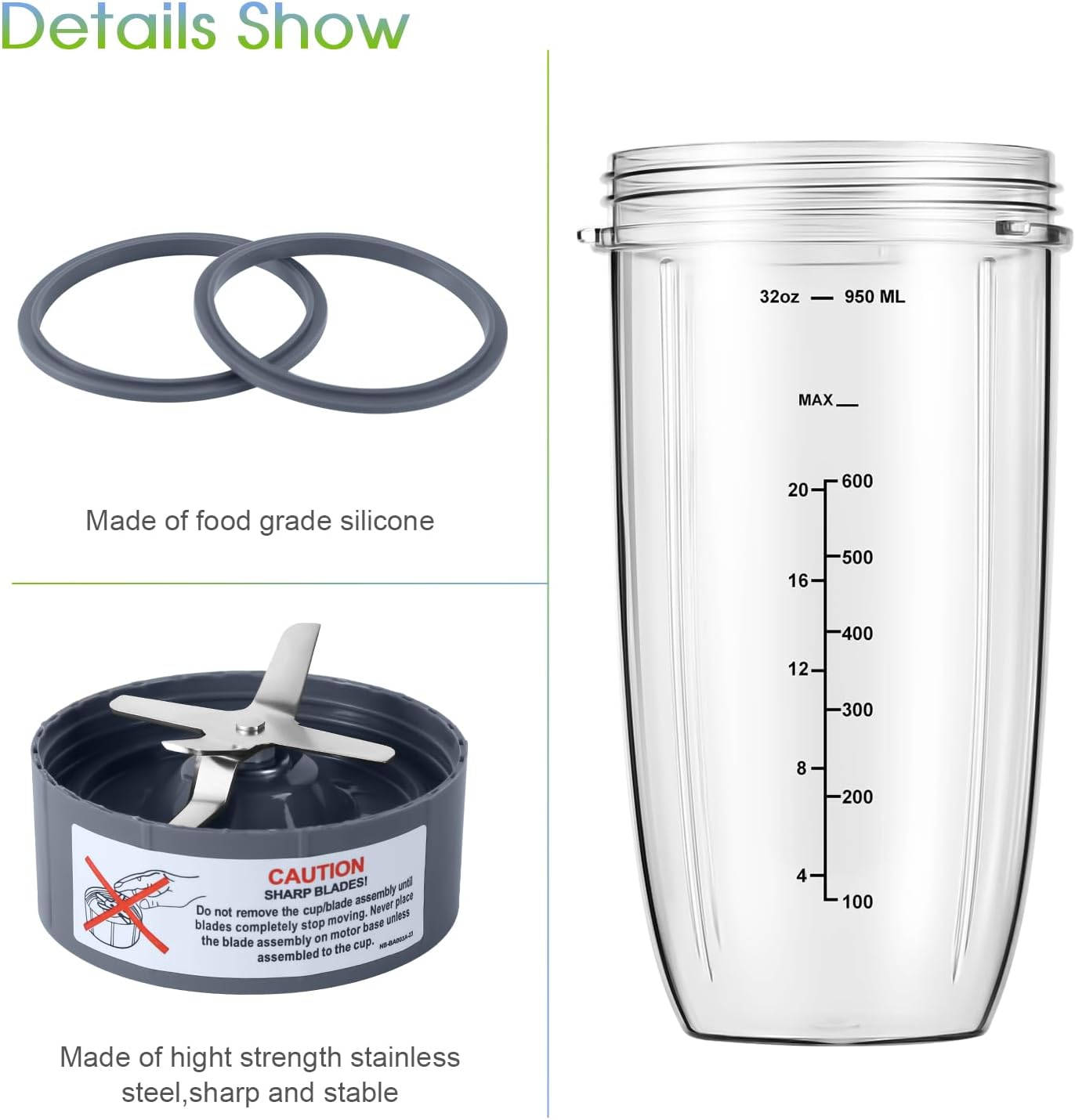 New Blender Cup and Blade Replacement Parts 32oz Cup and Extractor Blade and 2 Rubber Gaskets 4-Piece Compatible with NutriBullet High-Speed Blender/Mixer System 600W/900W Series - Image 3
