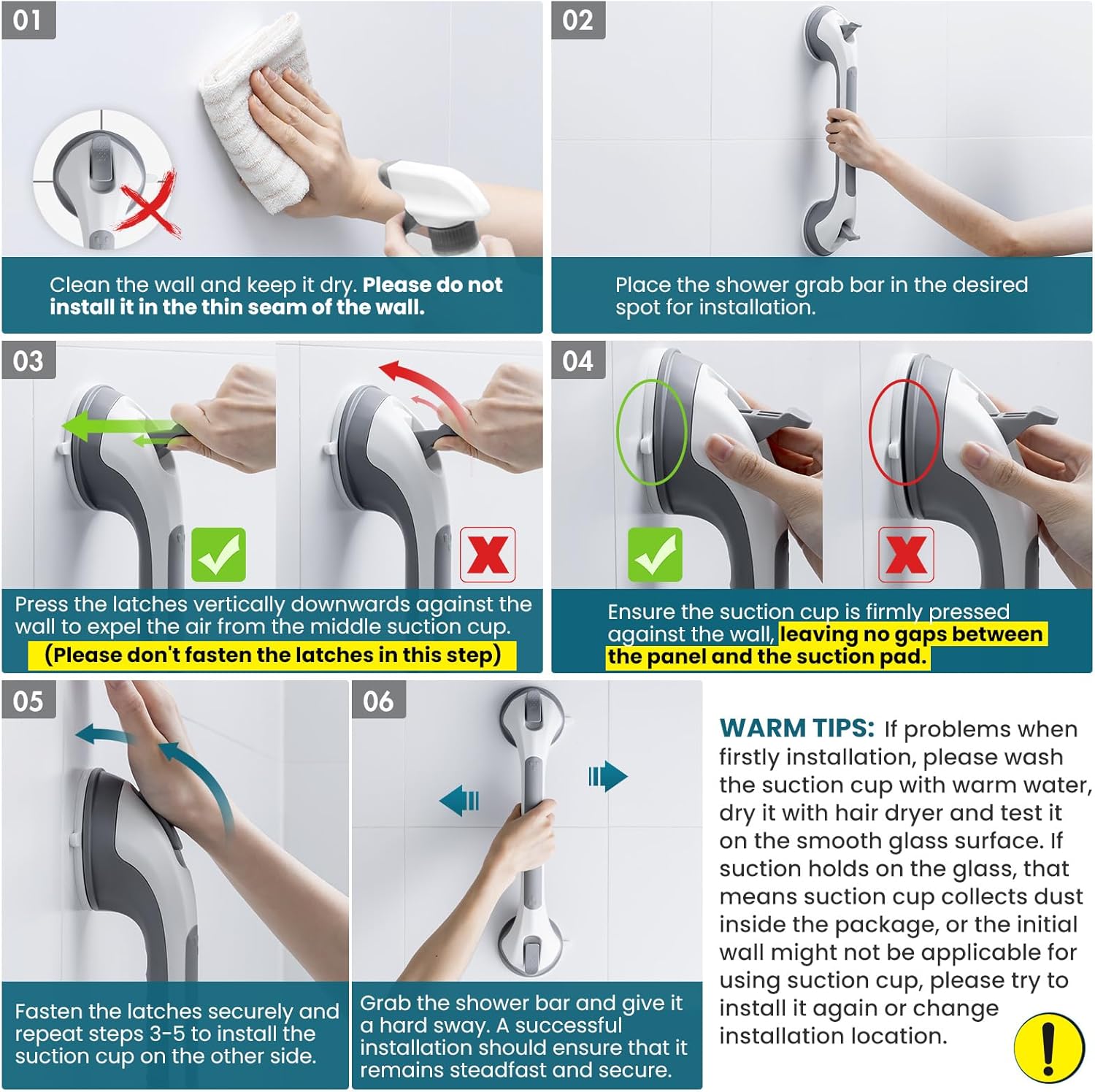 Grab Bars for Bathtubs and Showers 2 Pack Sucti Grab Bar, Heavy Duty Shower Handle Removable Bath Handrails for Seniors and Elderly, Bathroom Safety Grip No Drilling Waterproof,Grey - Image 2