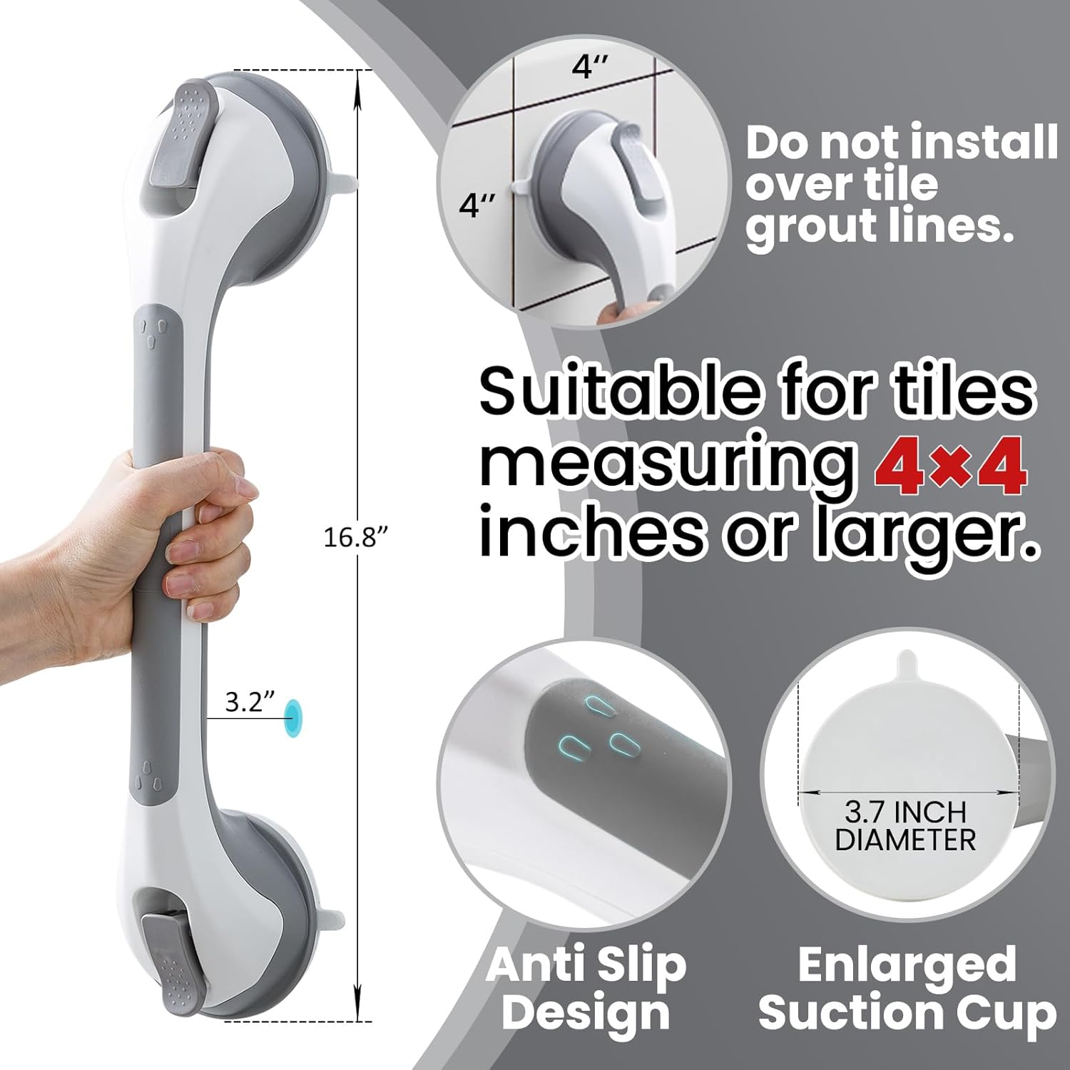 Grab Bars for Bathtubs and Showers 2 Pack Sucti Grab Bar, Heavy Duty Shower Handle Removable Bath Handrails for Seniors and Elderly, Bathroom Safety Grip No Drilling Waterproof,Grey - Image 3