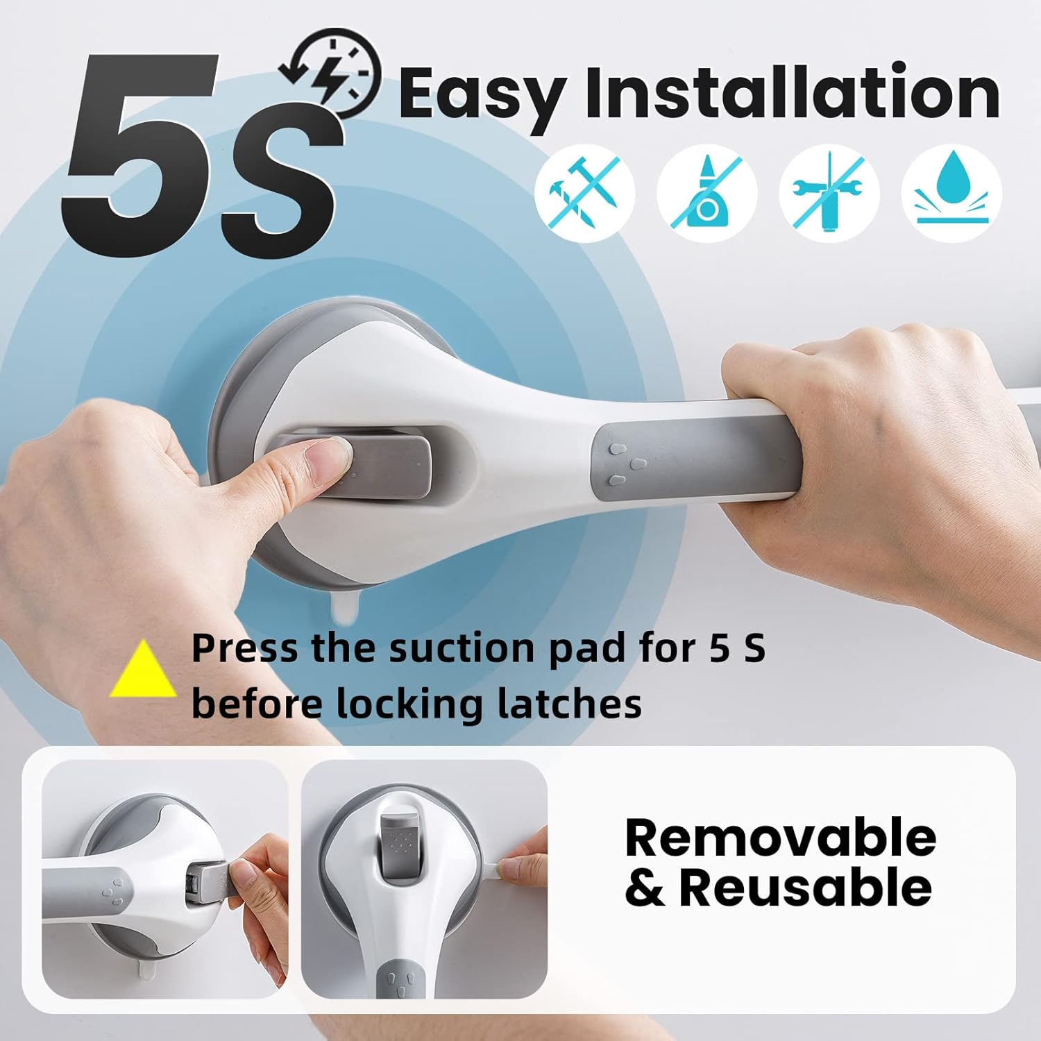 Grab Bars for Bathtubs and Showers 2 Pack Sucti Grab Bar, Heavy Duty Shower Handle Removable Bath Handrails for Seniors and Elderly, Bathroom Safety Grip No Drilling Waterproof,Grey - Image 4