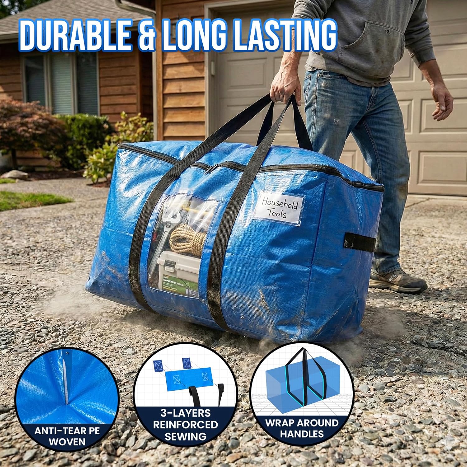 Extra Large Moving Bags, 4 Pack Blue Heavy Duty Totes For Storage with Visible Window, Wrap Around Handles, Storage Bags for Space Saving, Alternative to Moving Boxes - Image 3