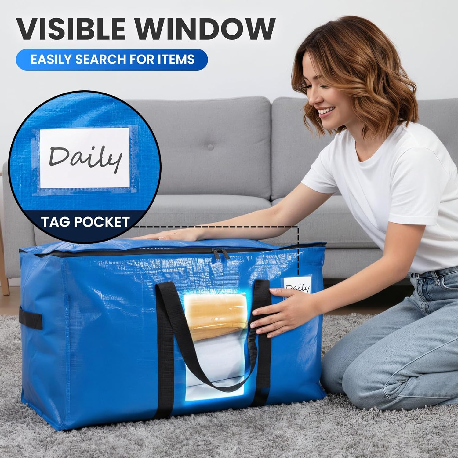 Extra Large Moving Bags, 4 Pack Blue Heavy Duty Totes For Storage with Visible Window, Wrap Around Handles, Storage Bags for Space Saving, Alternative to Moving Boxes - Image 5