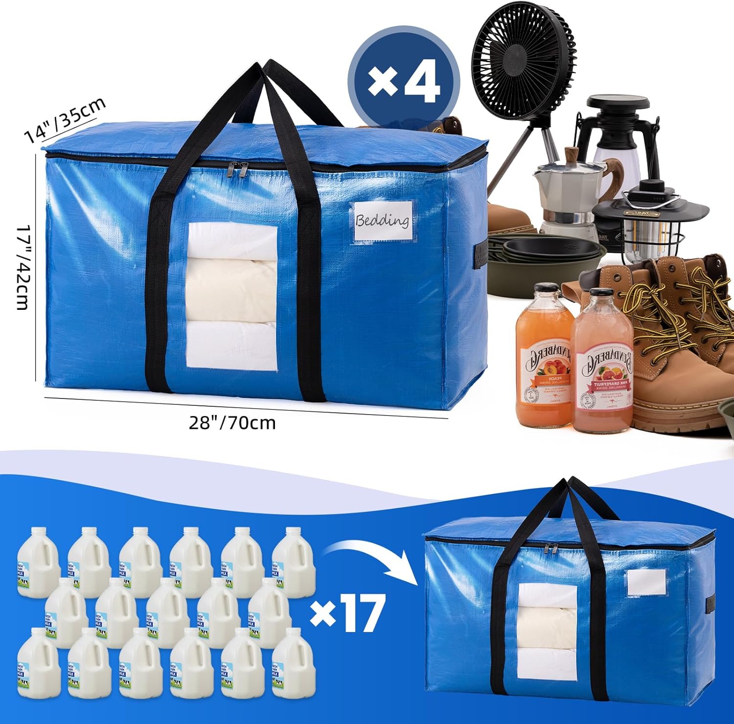 Extra Large Moving Bags, 4 Pack Blue Heavy Duty Totes For Storage with Visible Window, Wrap Around Handles, Storage Bags for Space Saving, Alternative to Moving Boxes - Image 6