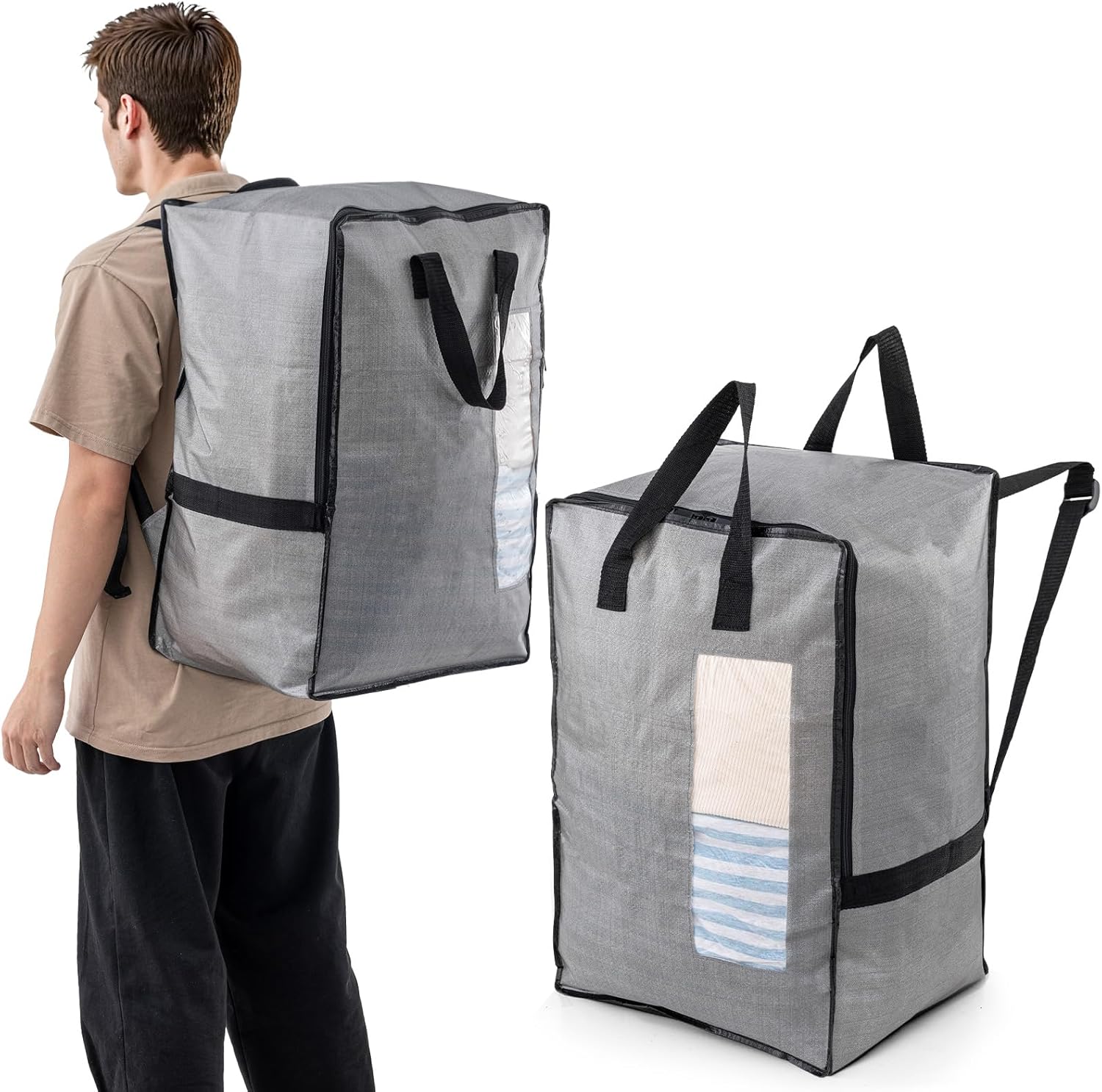 2 Pack Gray Moving Bags w/Adjustable Backpack Straps, Moving Supplies, Moving Boxes Alternative, Heavy Duty Storage Totes for College Packing, Camping Backpack for Travel, Dorm, Laundry - Image 1