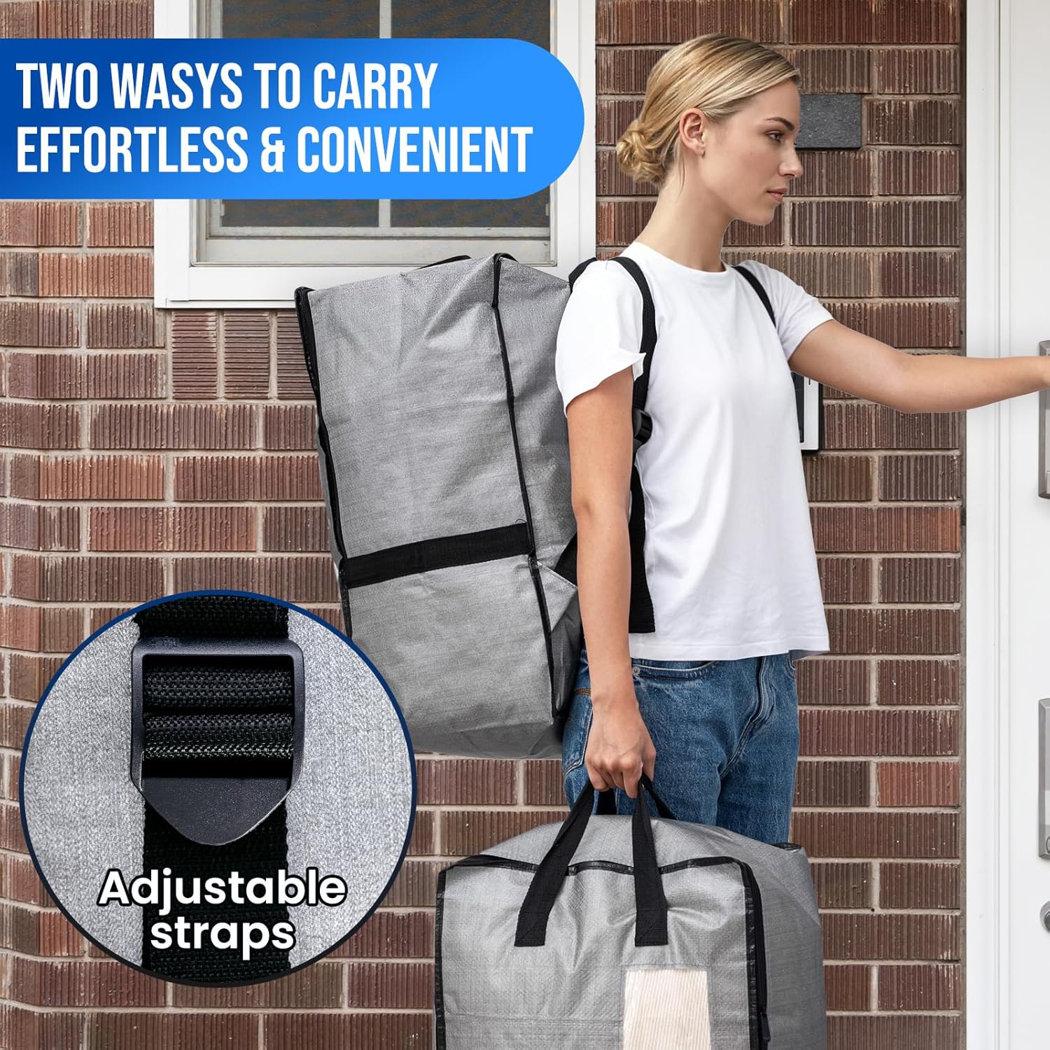 2 Pack Gray Moving Bags w/Adjustable Backpack Straps, Moving Supplies, Moving Boxes Alternative, Heavy Duty Storage Totes for College Packing, Camping Backpack for Travel, Dorm, Laundry - Image 3