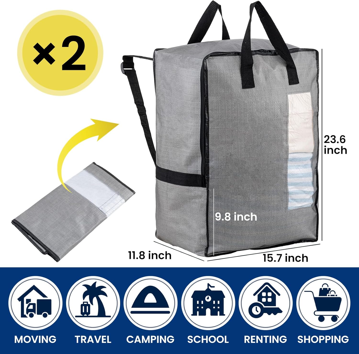2 Pack Gray Moving Bags w/Adjustable Backpack Straps, Moving Supplies, Moving Boxes Alternative, Heavy Duty Storage Totes for College Packing, Camping Backpack for Travel, Dorm, Laundry - Image 4