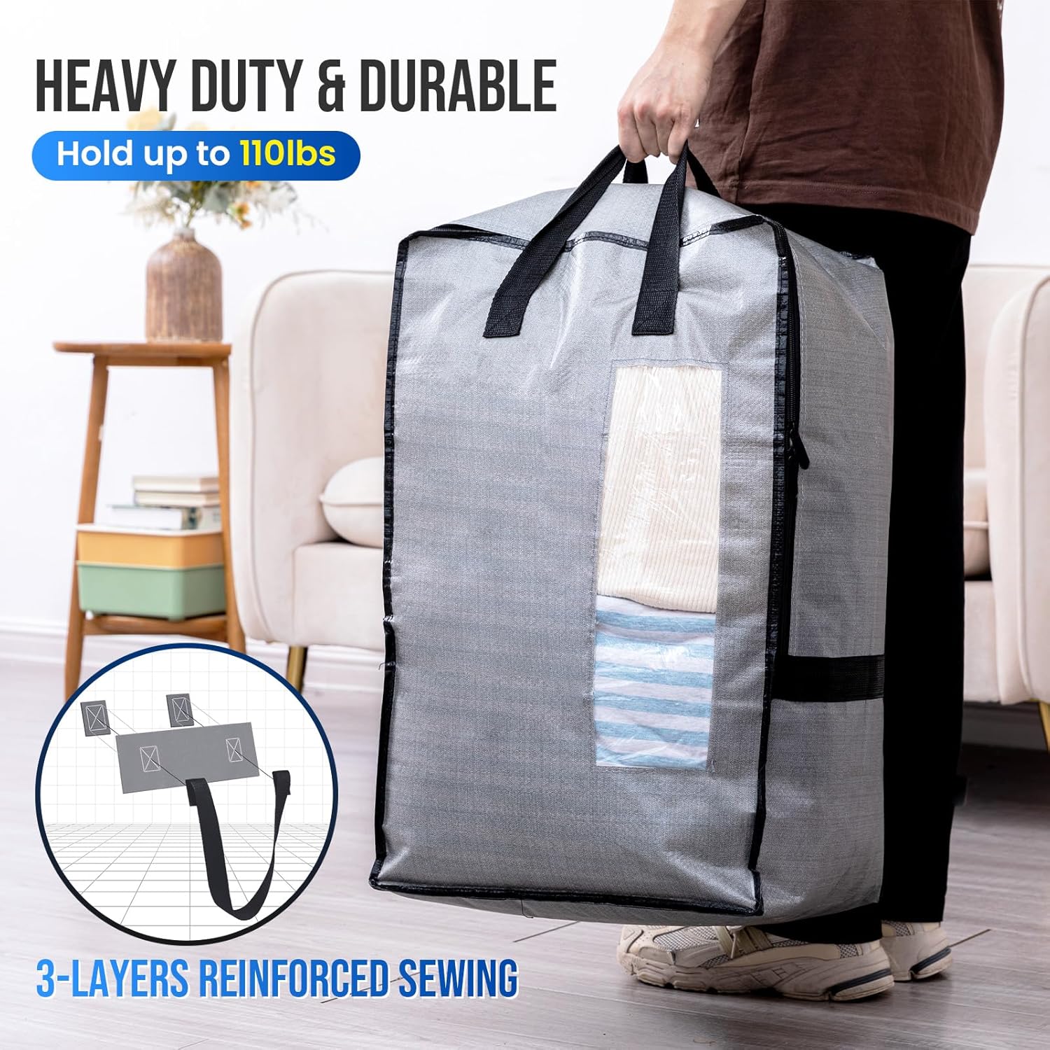 2 Pack Gray Moving Bags w/Adjustable Backpack Straps, Moving Supplies, Moving Boxes Alternative, Heavy Duty Storage Totes for College Packing, Camping Backpack for Travel, Dorm, Laundry - Image 5