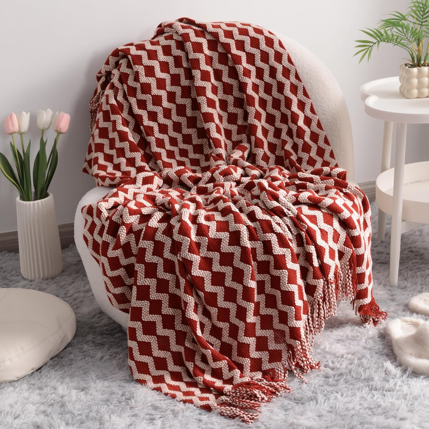 Acrylic Knitted Throw Blanket, Lightweight and Soft Cozy Decorative Woven Blanket with Tassels for Travel, Couch, Bed, Sofa, 51x67 Inches, Red and White Striped - Image 1
