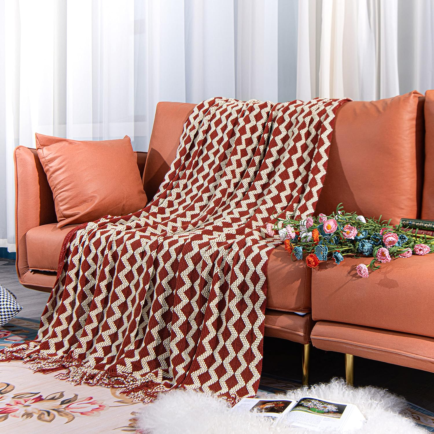 Acrylic Knitted Throw Blanket, Lightweight and Soft Cozy Decorative Woven Blanket with Tassels for Travel, Couch, Bed, Sofa, 51x67 Inches, Red and White Striped - Image 6