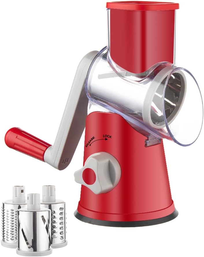 Rotary Cheese Grater Hand Crank, Cheese Shredder with 3 Drum Blades, Mandoline Slicer, Food Chopper for Hard Cheese, Vegetable, Nuts, Potato - Image 1