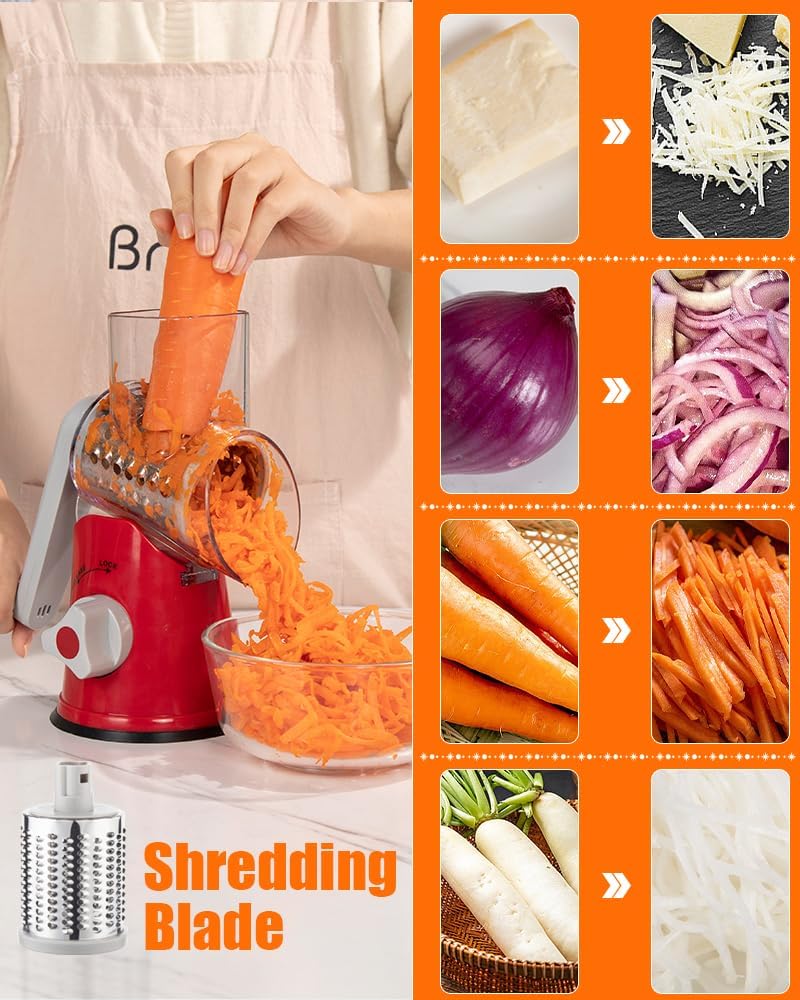 Rotary Cheese Grater Hand Crank, Cheese Shredder with 3 Drum Blades, Mandoline Slicer, Food Chopper for Hard Cheese, Vegetable, Nuts, Potato - Image 3