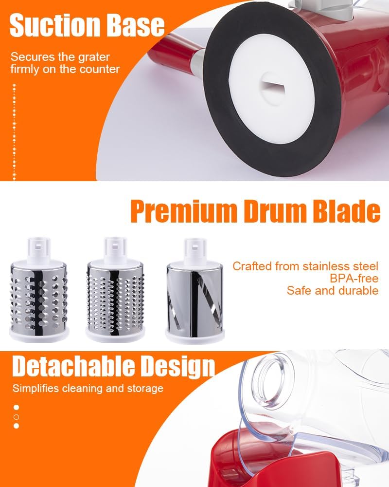 Rotary Cheese Grater Hand Crank, Cheese Shredder with 3 Drum Blades, Mandoline Slicer, Food Chopper for Hard Cheese, Vegetable, Nuts, Potato - Image 6