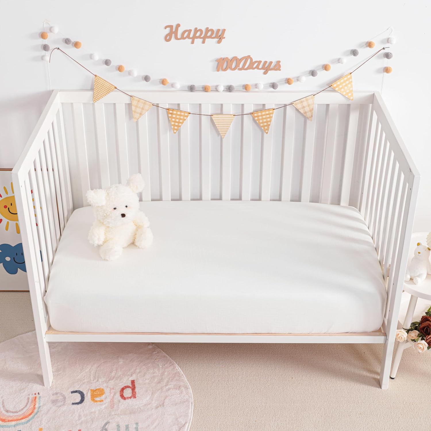 2 Pack Muslin Cott Mini Crib Sheets, Soft and Breathable Double Layer 24x38 Baby Crib Sheets for Mini Crib and Toddler Mattresses, Boys, Girls, Unisex, White, 24x38 Inches - Image 5