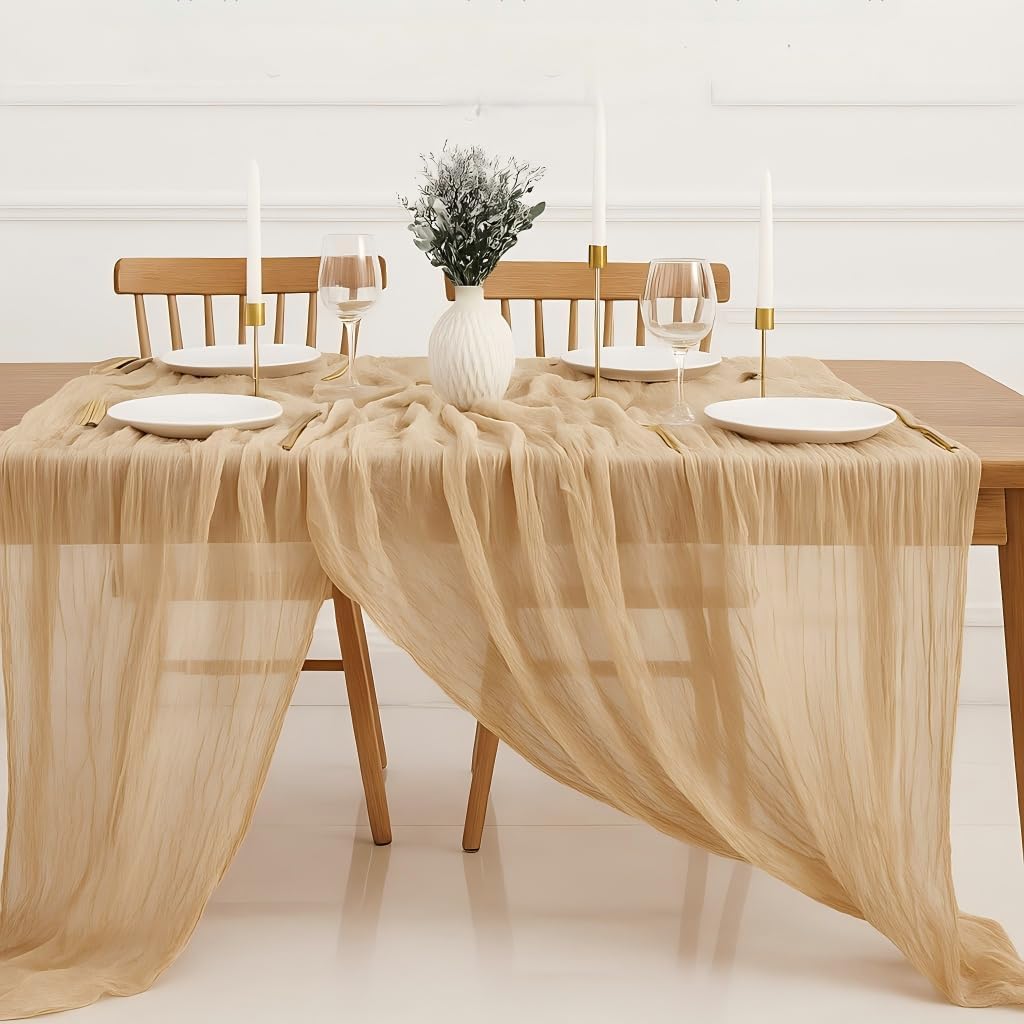 Cheesecloth Table Runner - 10FT Natural Linen Beige Gauze Fabric Table Decor for Wedding, Party, Dinner, Farmhouse or Boho Rustic Events - Image 1