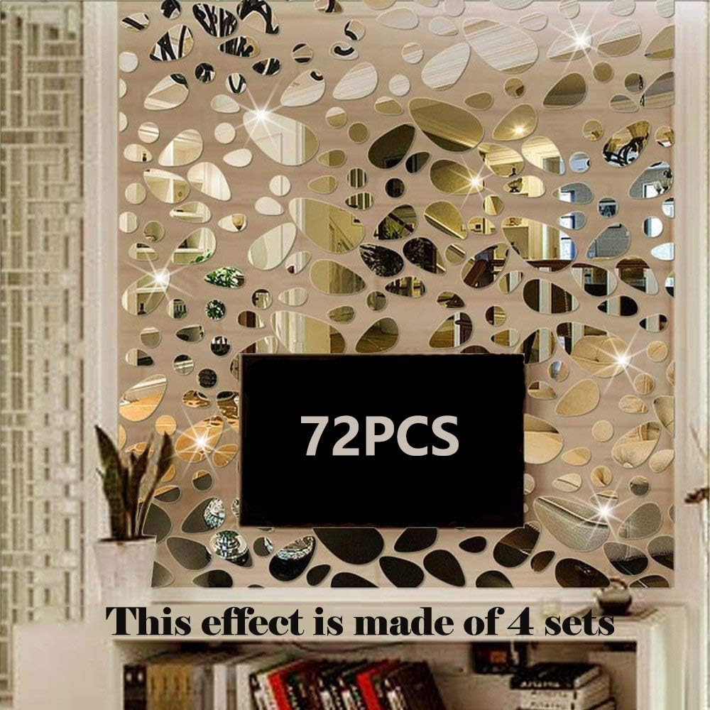 Petluno 72Pcs Mirror Decals Wall Stickers - Cobblestone Shape DIY Decor for Home Room Bedroom Office Decoration Silver - Image 1