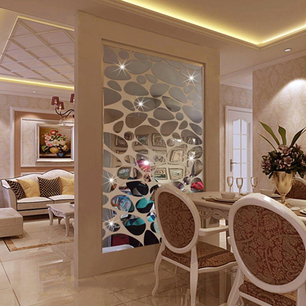 Petluno 72Pcs Mirror Decals Wall Stickers - Cobblestone Shape DIY Decor for Home Room Bedroom Office Decoration Silver - Image 3