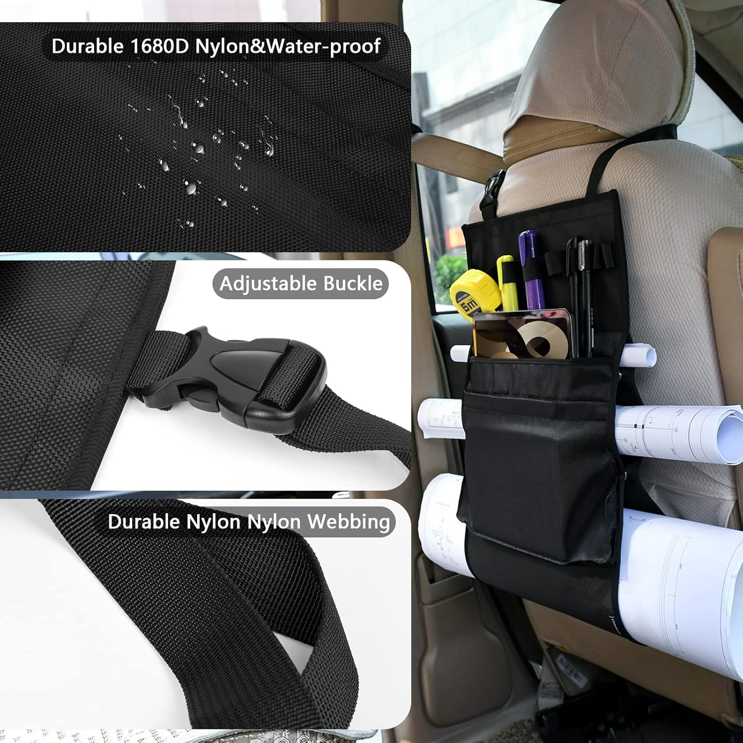 Homakover Car Seat Organizer, Blueprints Car Organizer, Maps Holder, Drawings Car Pockets, Artwork Car Pocket, Posters Holder with Shoulder Strap/Pockets and Comfort Top Handle - Image 2