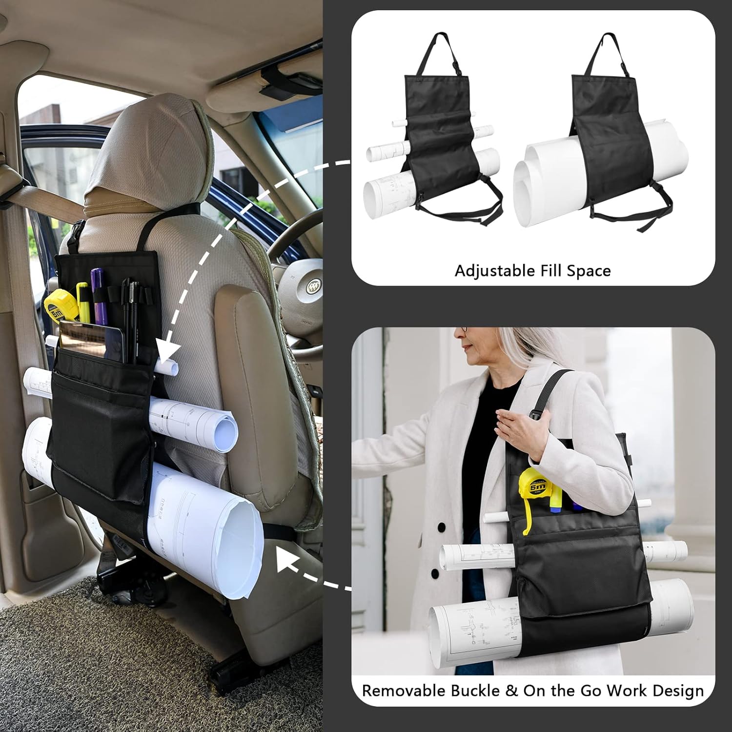Homakover Car Seat Organizer, Blueprints Car Organizer, Maps Holder, Drawings Car Pockets, Artwork Car Pocket, Posters Holder with Shoulder Strap/Pockets and Comfort Top Handle - Image 3