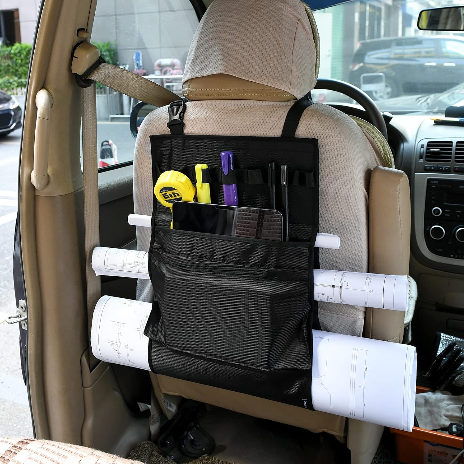 Homakover Car Seat Organizer, Blueprints Car Organizer, Maps Holder, Drawings Car Pockets, Artwork Car Pocket, Posters Holder with Shoulder Strap/Pockets and Comfort Top Handle - Image 5