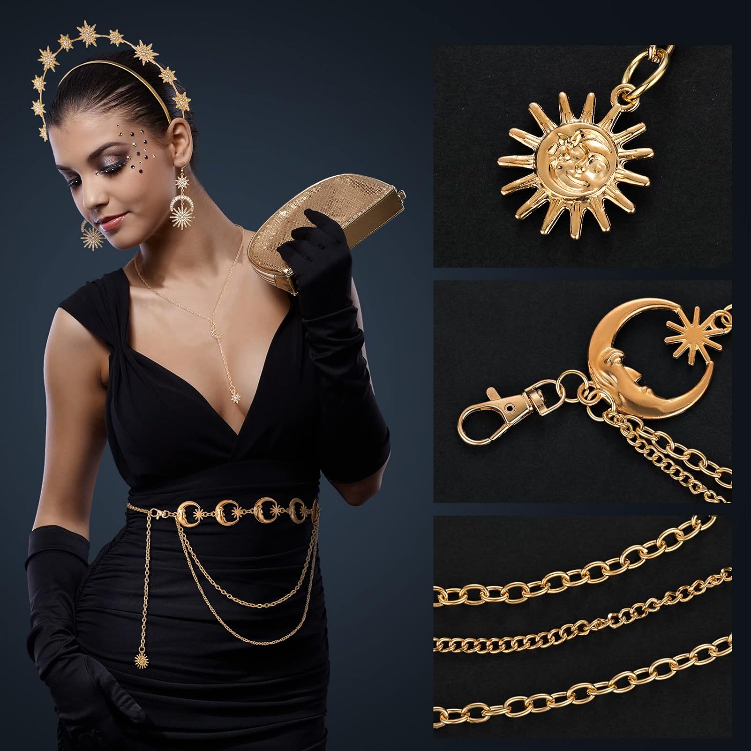 Glenmal 4 Pieces Celestial Jewelry Moon Stars Crown Necklaces and Body Chain Headband Drop Earrings for Women - Image 2