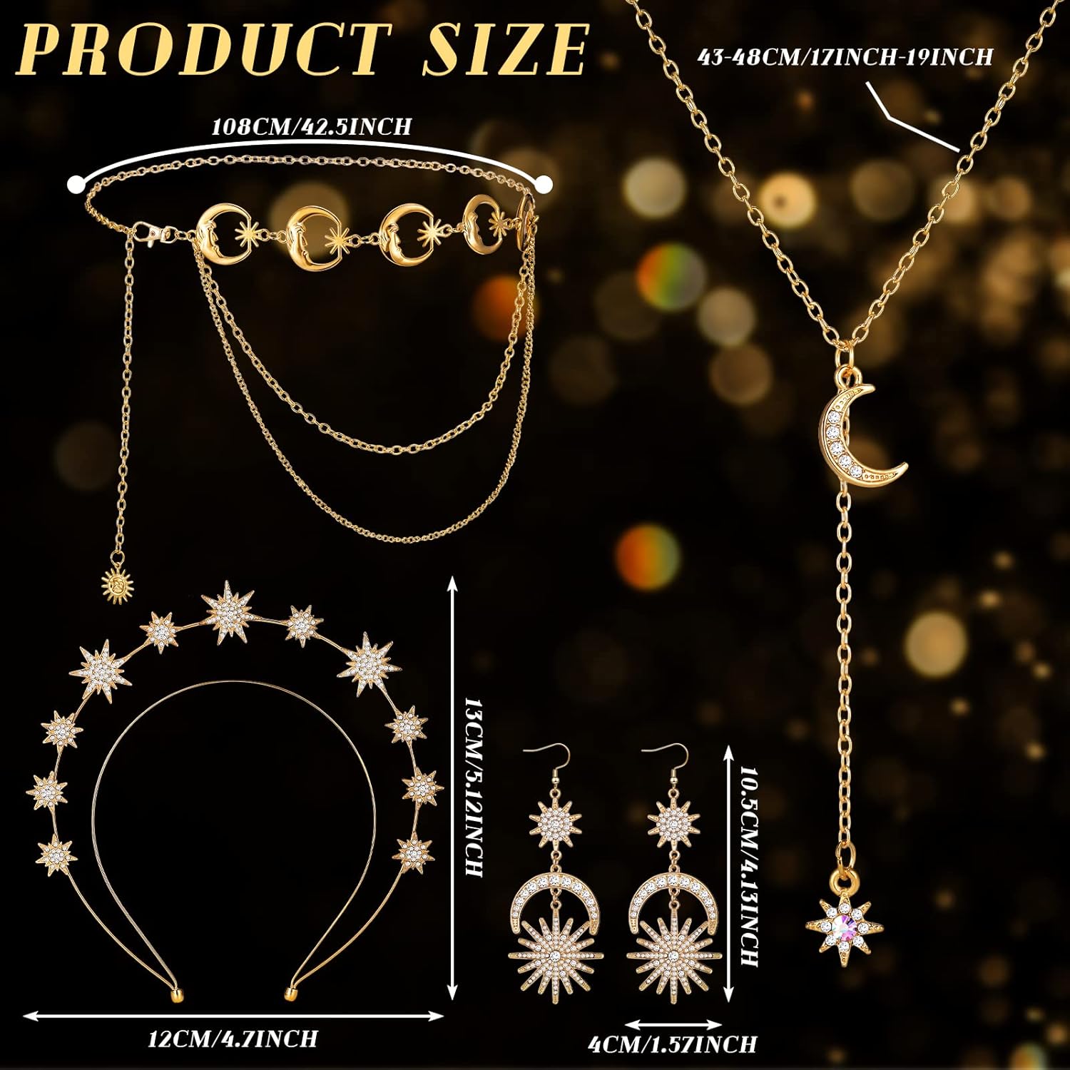 Glenmal 4 Pieces Celestial Jewelry Moon Stars Crown Necklaces and Body Chain Headband Drop Earrings for Women - Image 3