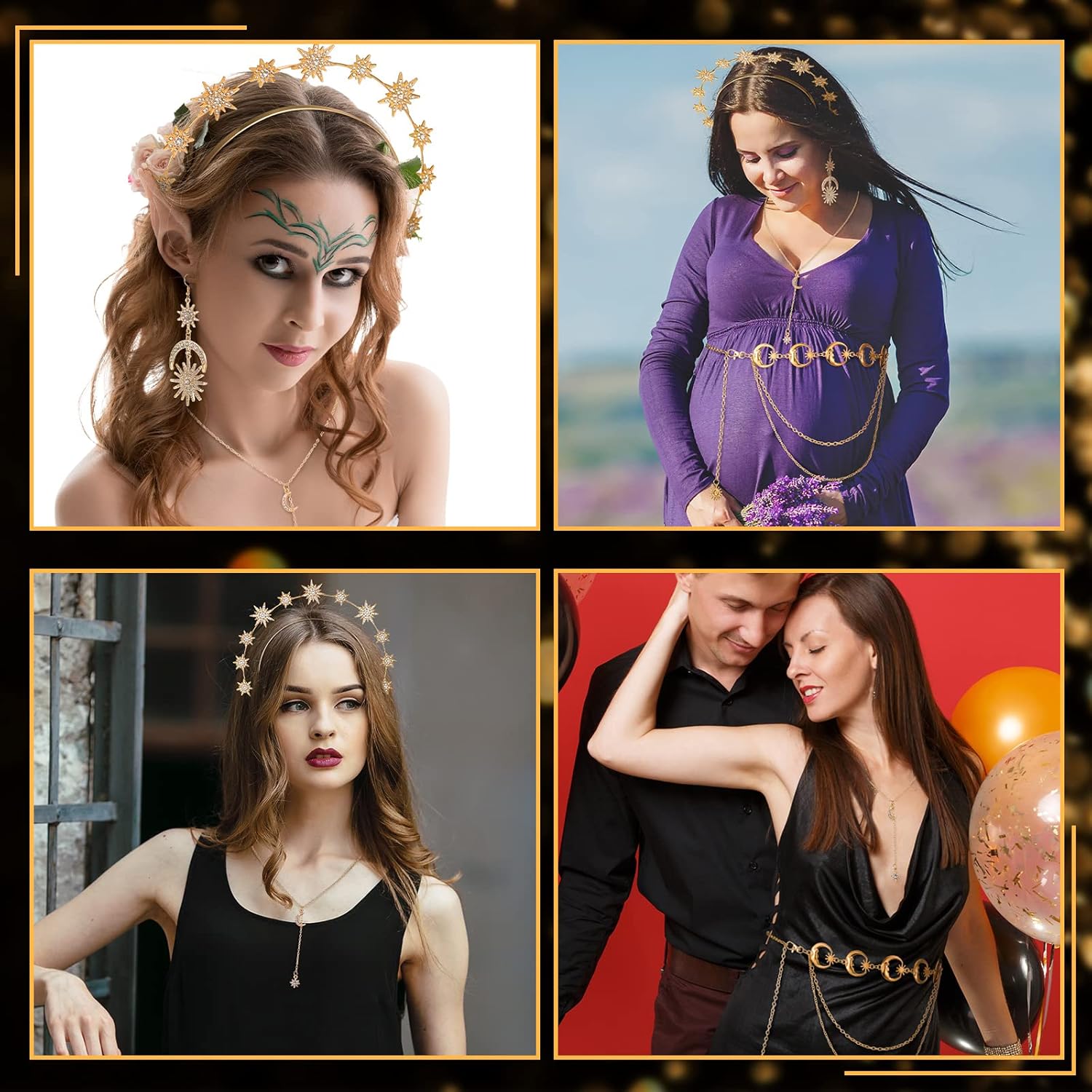 Glenmal 4 Pieces Celestial Jewelry Moon Stars Crown Necklaces and Body Chain Headband Drop Earrings for Women - Image 4