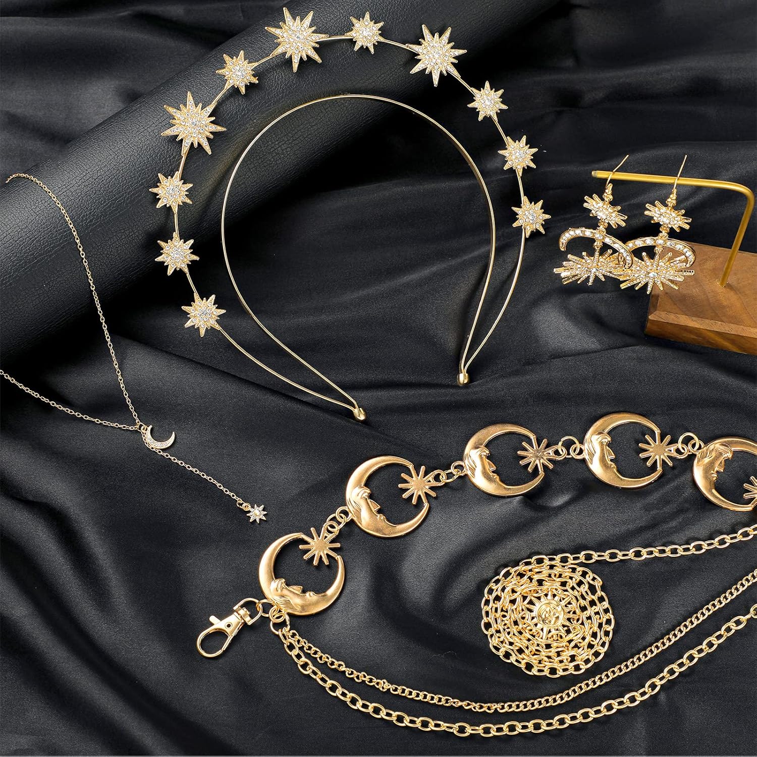Glenmal 4 Pieces Celestial Jewelry Moon Stars Crown Necklaces and Body Chain Headband Drop Earrings for Women - Image 6
