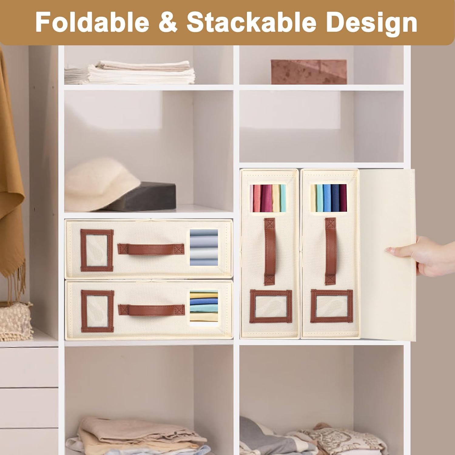 4 Pack Bed Sheet Organizers and Storage, Foldable Sheet Organizer for Linen Closet, Bed Sheet Holders with Window, Beige Bedding Storage Box for Bedsheets, Blanket and Pillow - Queen & King Size - Image 3
