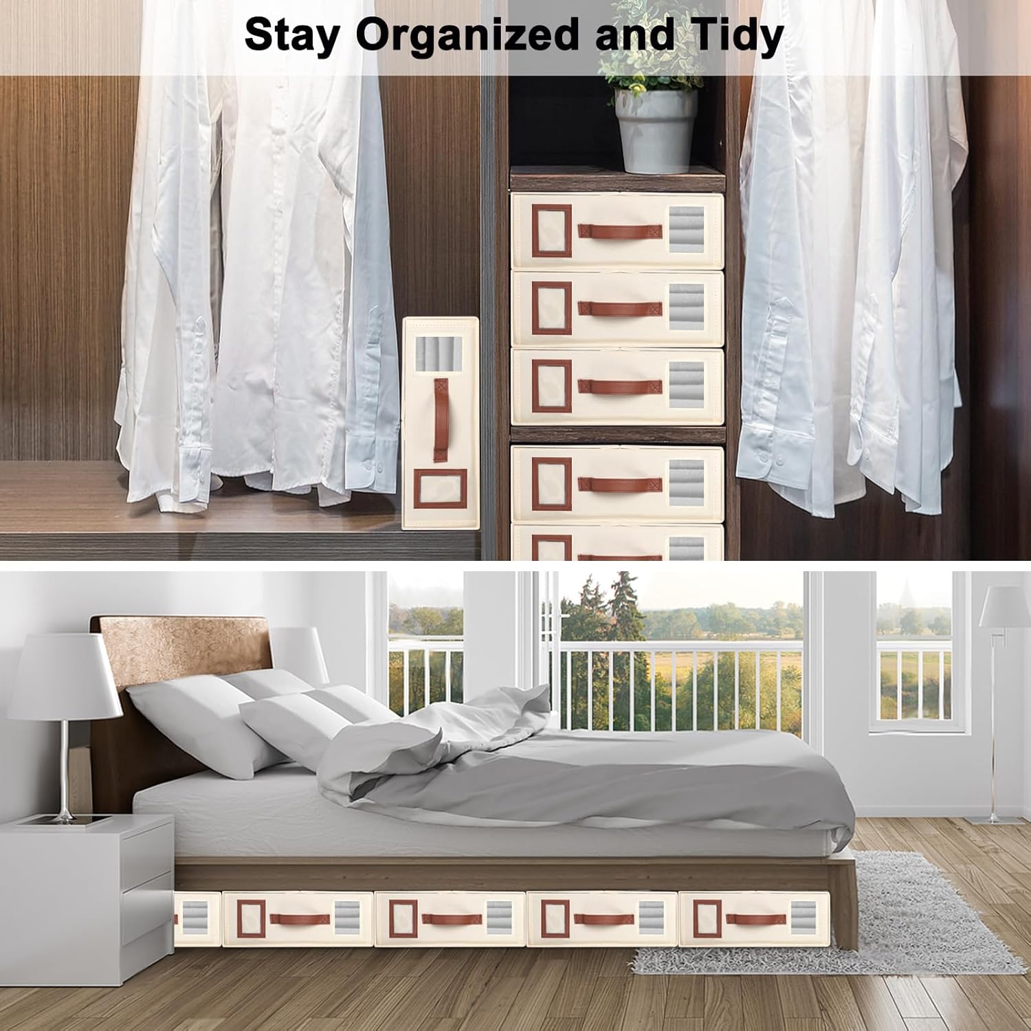 4 Pack Bed Sheet Organizers and Storage, Foldable Sheet Organizer for Linen Closet, Bed Sheet Holders with Window, Beige Bedding Storage Box for Bedsheets, Blanket and Pillow - Queen & King Size - Image 4