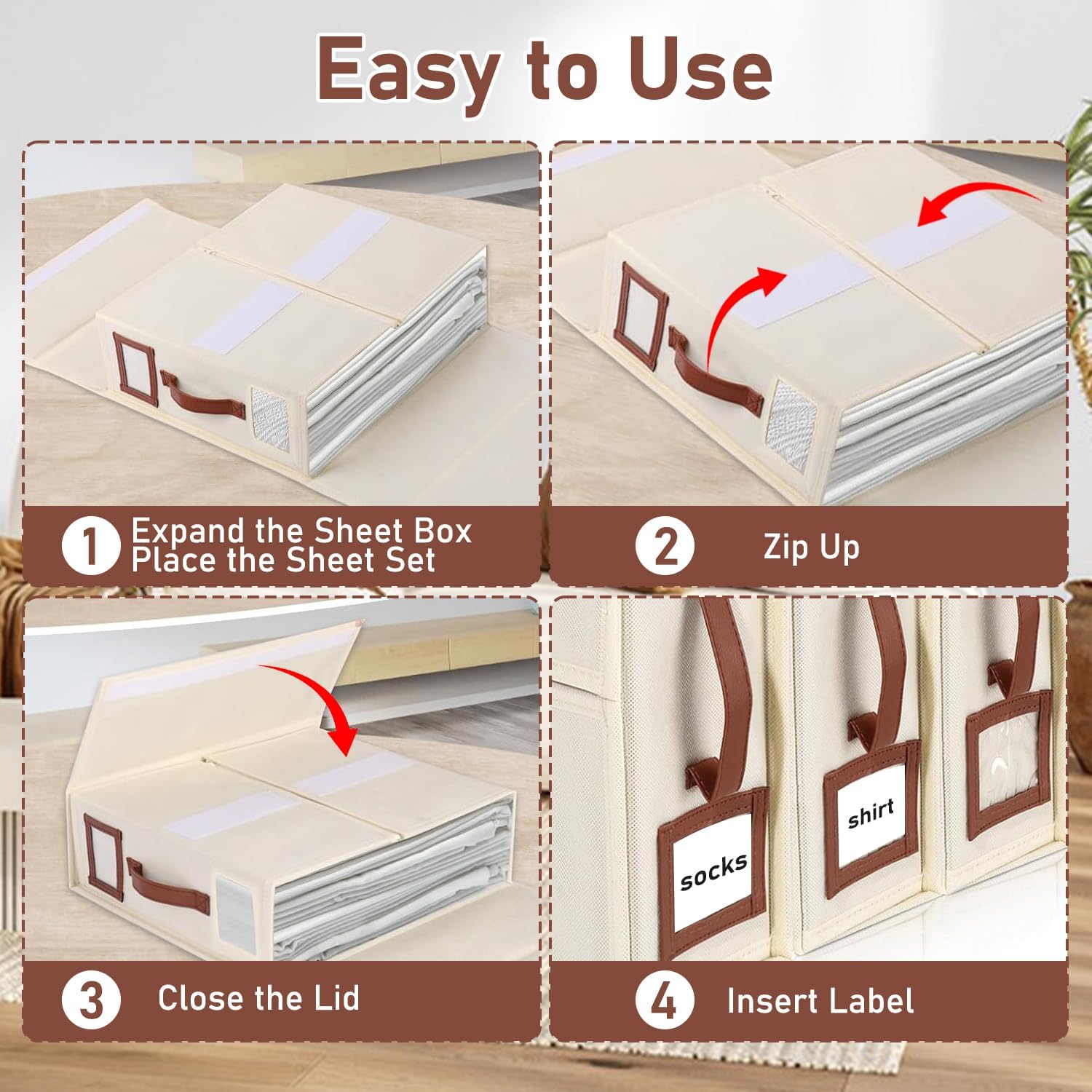 4 Pack Bed Sheet Organizers and Storage, Foldable Sheet Organizer for Linen Closet, Bed Sheet Holders with Window, Beige Bedding Storage Box for Bedsheets, Blanket and Pillow - Queen & King Size - Image 5