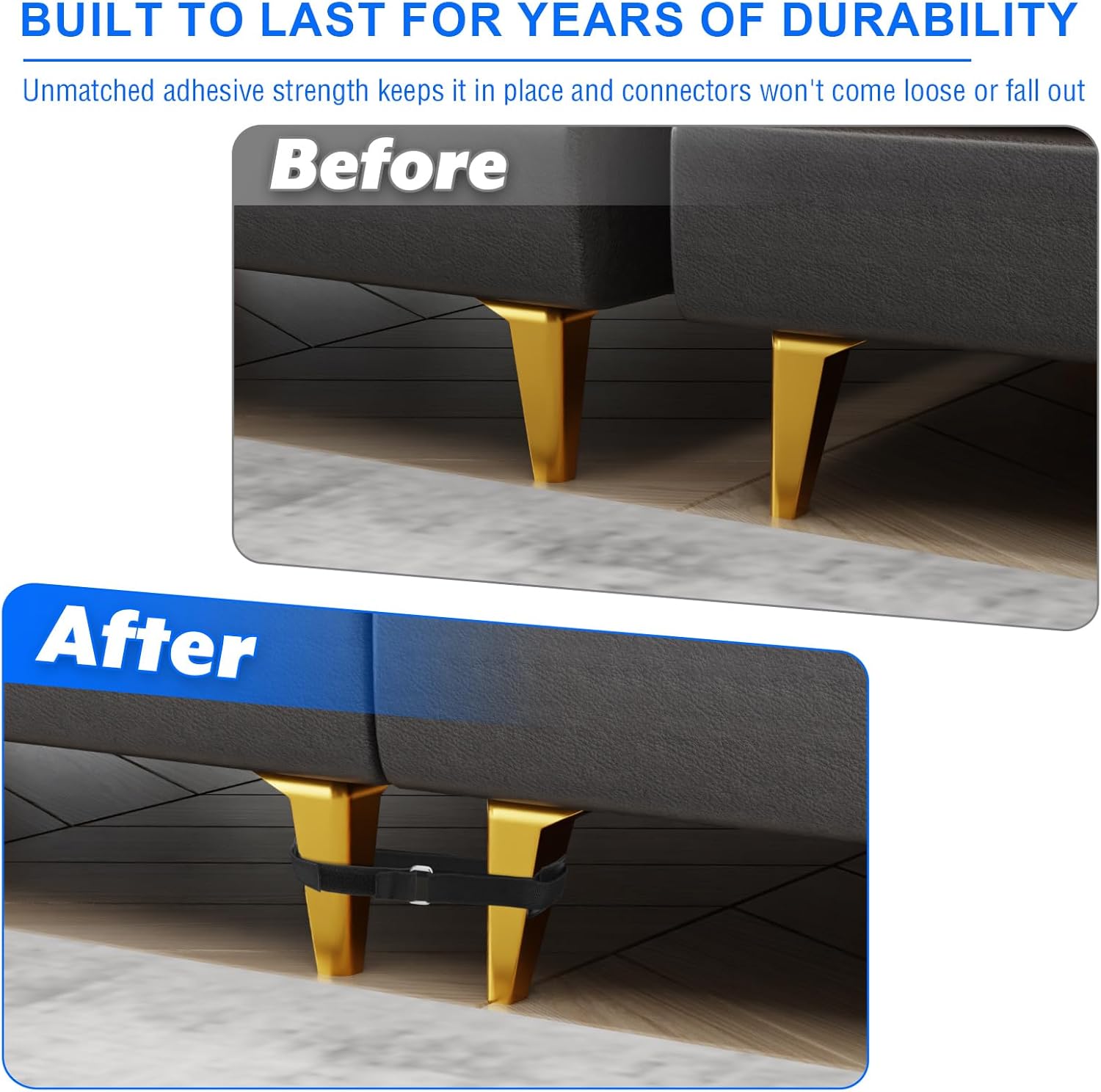 4 Pack Sectional Couch Connectors for Sliding Sofas, Non Slip Sectional Sofa Locks, Universal Sectional Couch Furniture Clips, Hook & Loop Cinch Straps with Adhesive Keep Sectional Couch Legs Together - Image 2